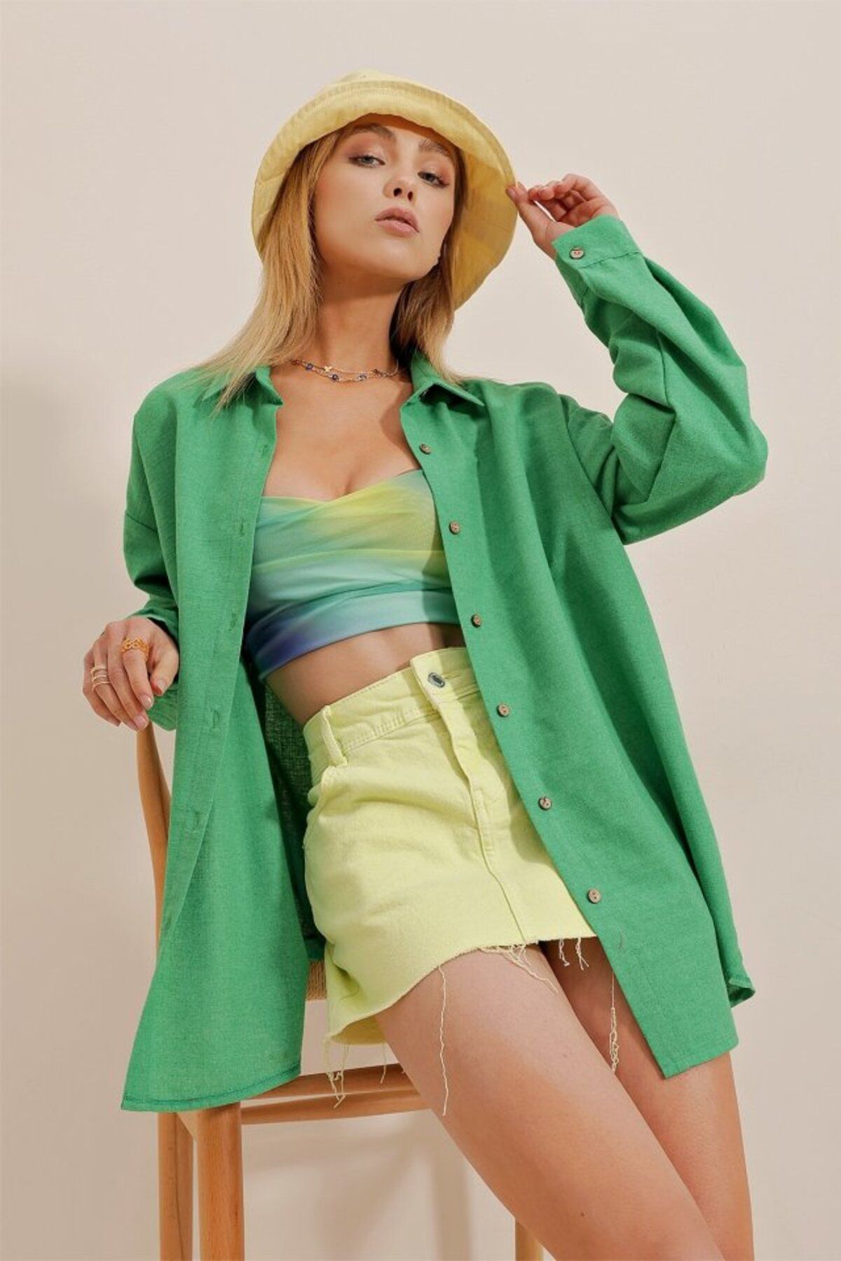 ARUZ MODA Kadın Keten Kumaş Oversize Gömlek