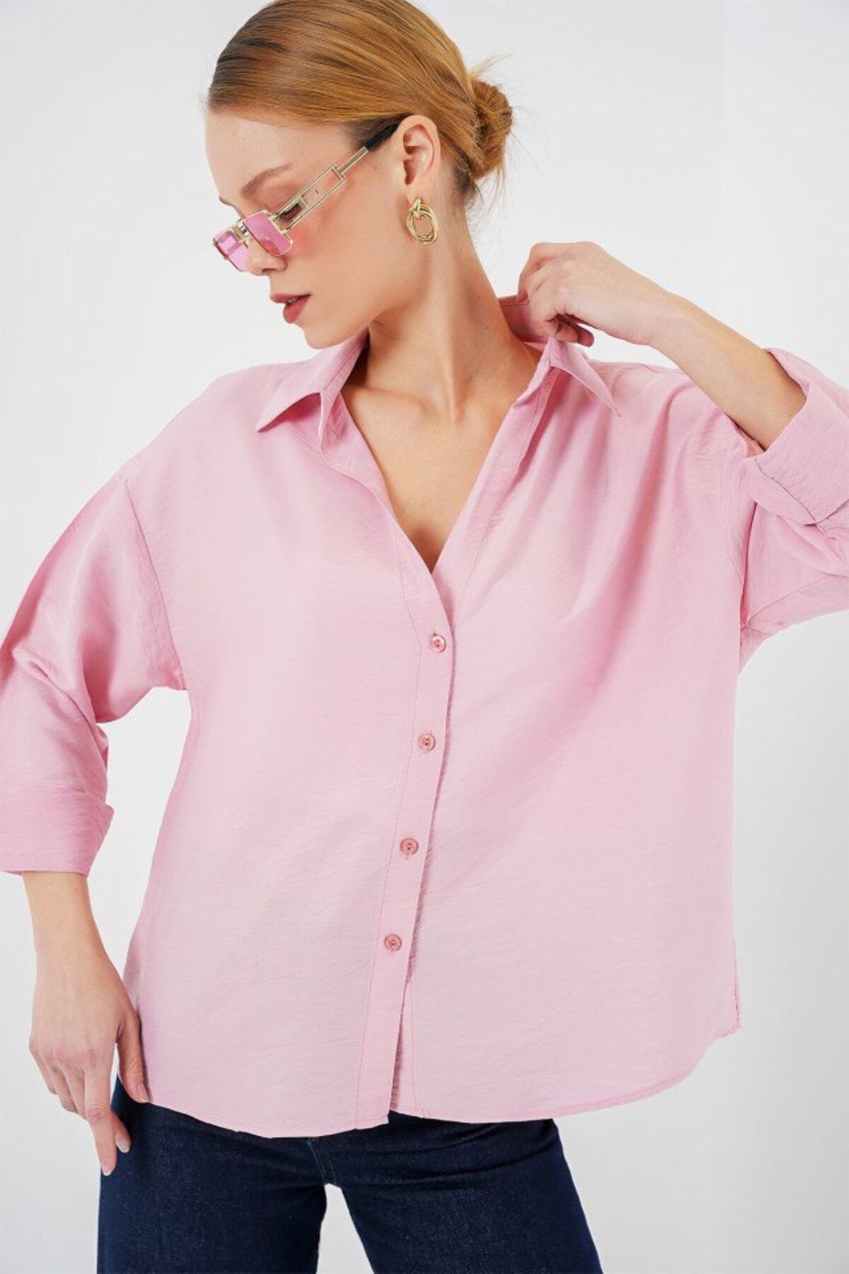 ARUZ MODA Oversize Kısa Kol Gömlek 20315 - Pembe