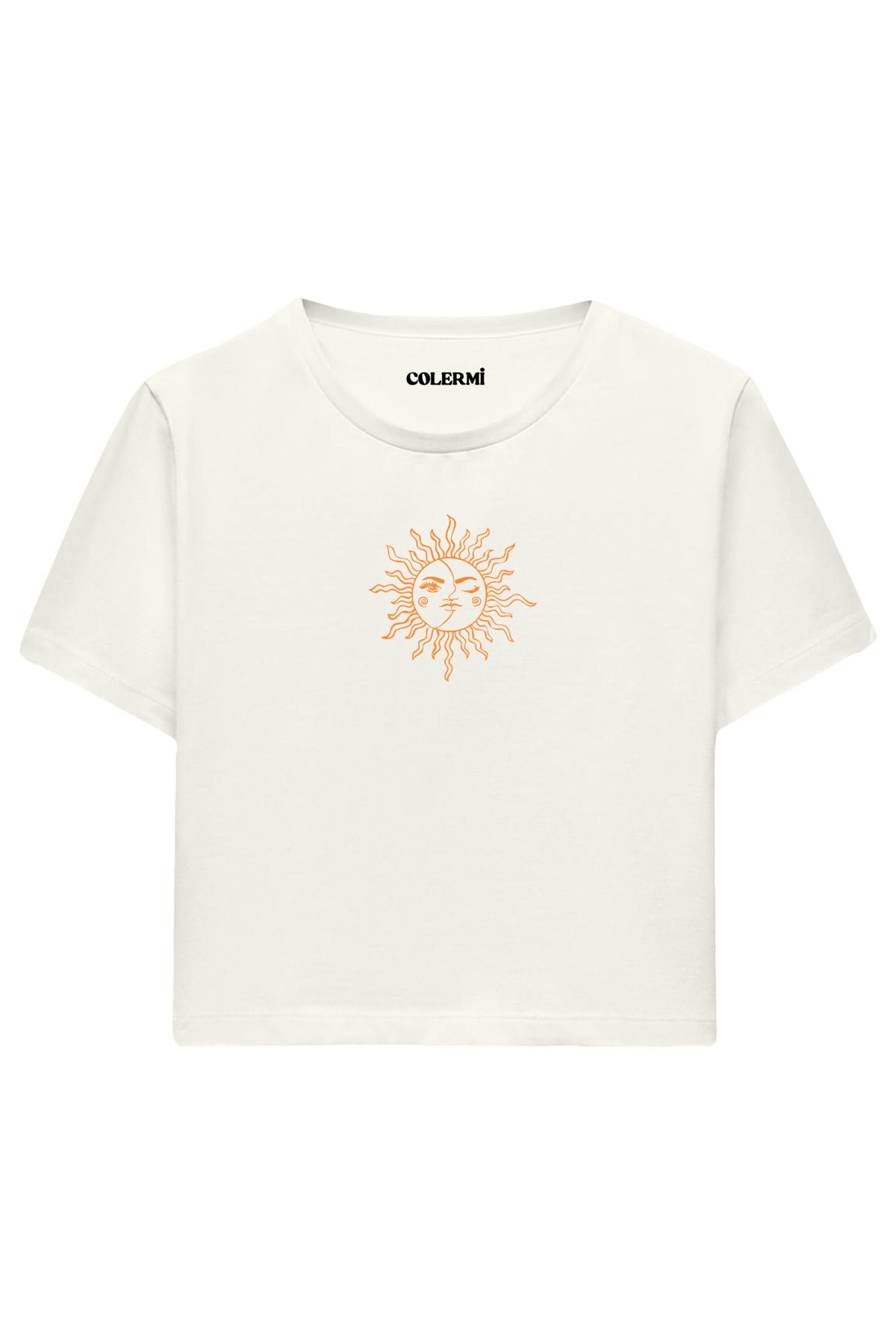 Colermi Güneş İllüstrasyon Baskılı %100 Pamuk Kadın Crop Tshirt