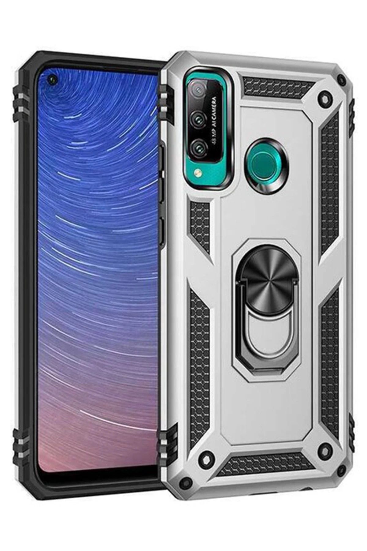 NewFace Huawei P40 Lite E Kılıf Sofya Yüzüklü Silikon Kapak - Gümüş BSTMY