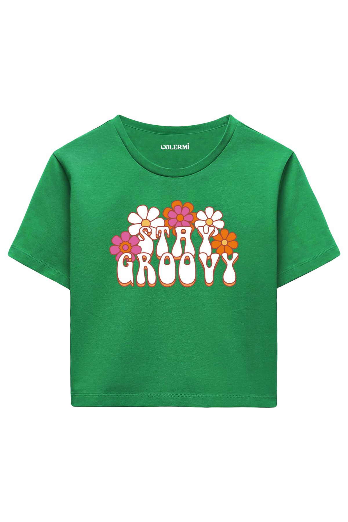 Colermi Stay Groovy Yazılı %100 Pamuk Kadın Crop Tshirt