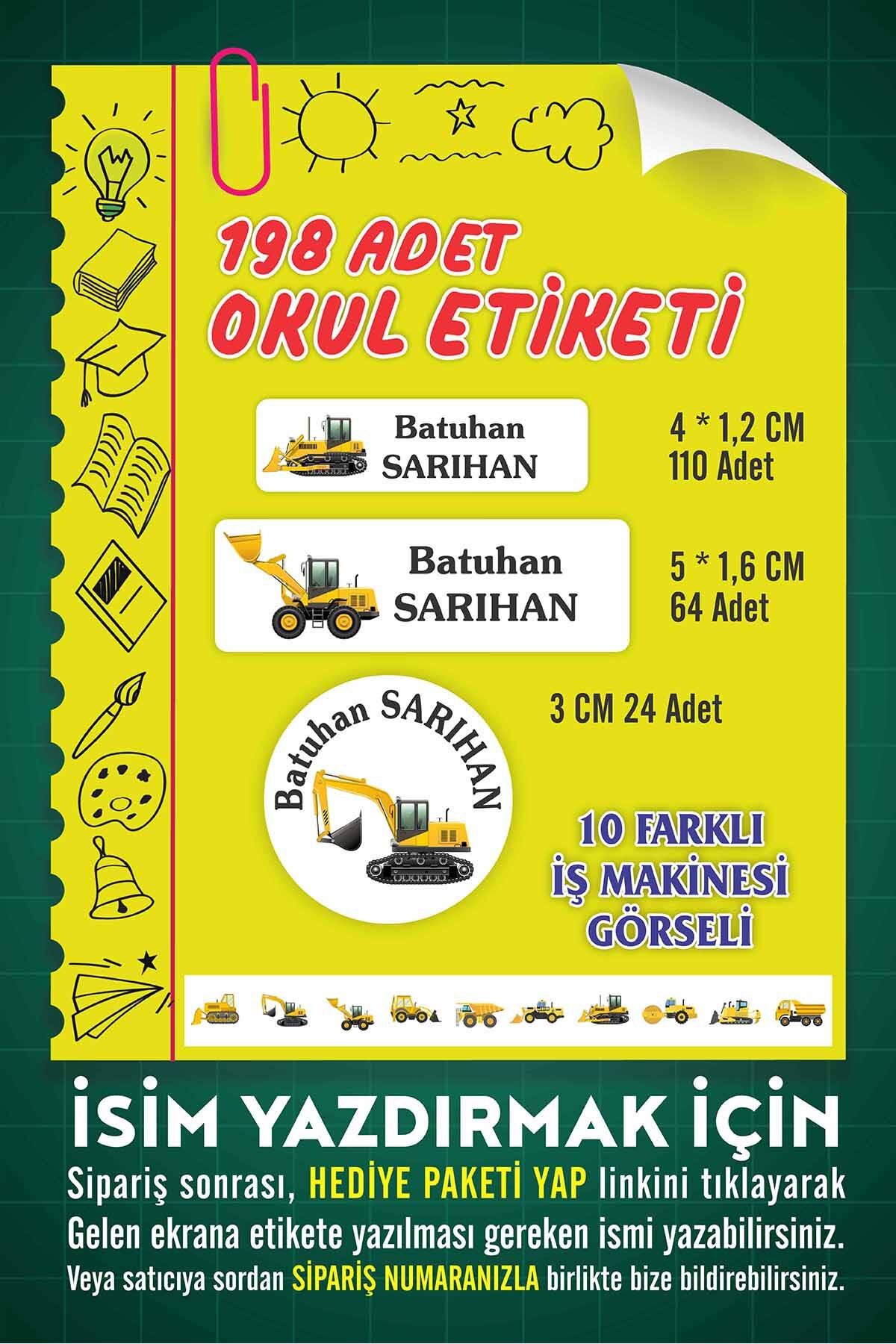 Vice Kişiye Özel İş Makinesi Temalı Etiket ( 198 Adet Defter Kalem okul etiketi )