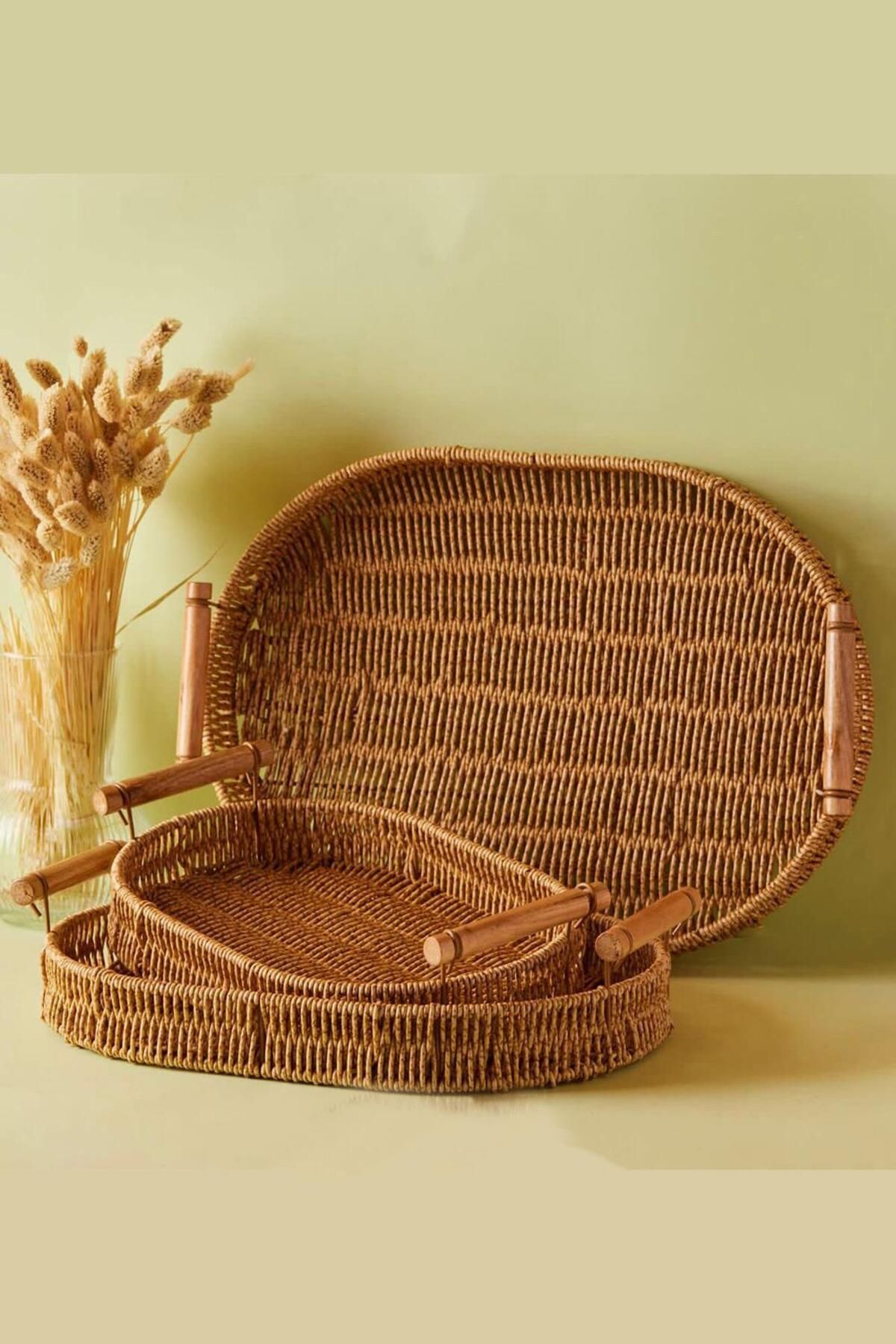 MESAPA RATTAN EL YAPIMI 3'LÜ HASIR TEPSİ SETİ - SUNUM VE DEKORATİF TEPSİ