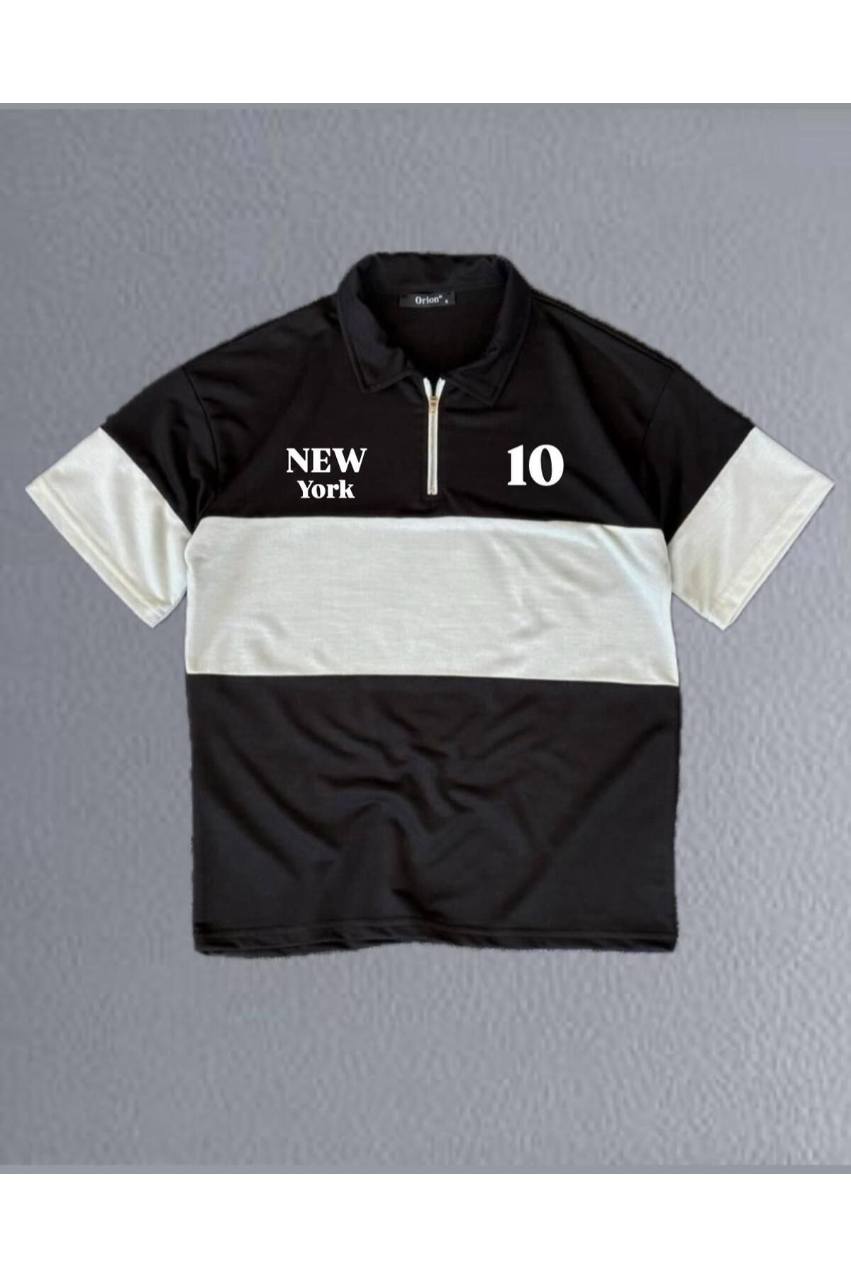 woonkey UNISEX OVERSİZE NEWYORK BASKILI POLO YAKA FERMUARLI PARÇALI T-SHIRT