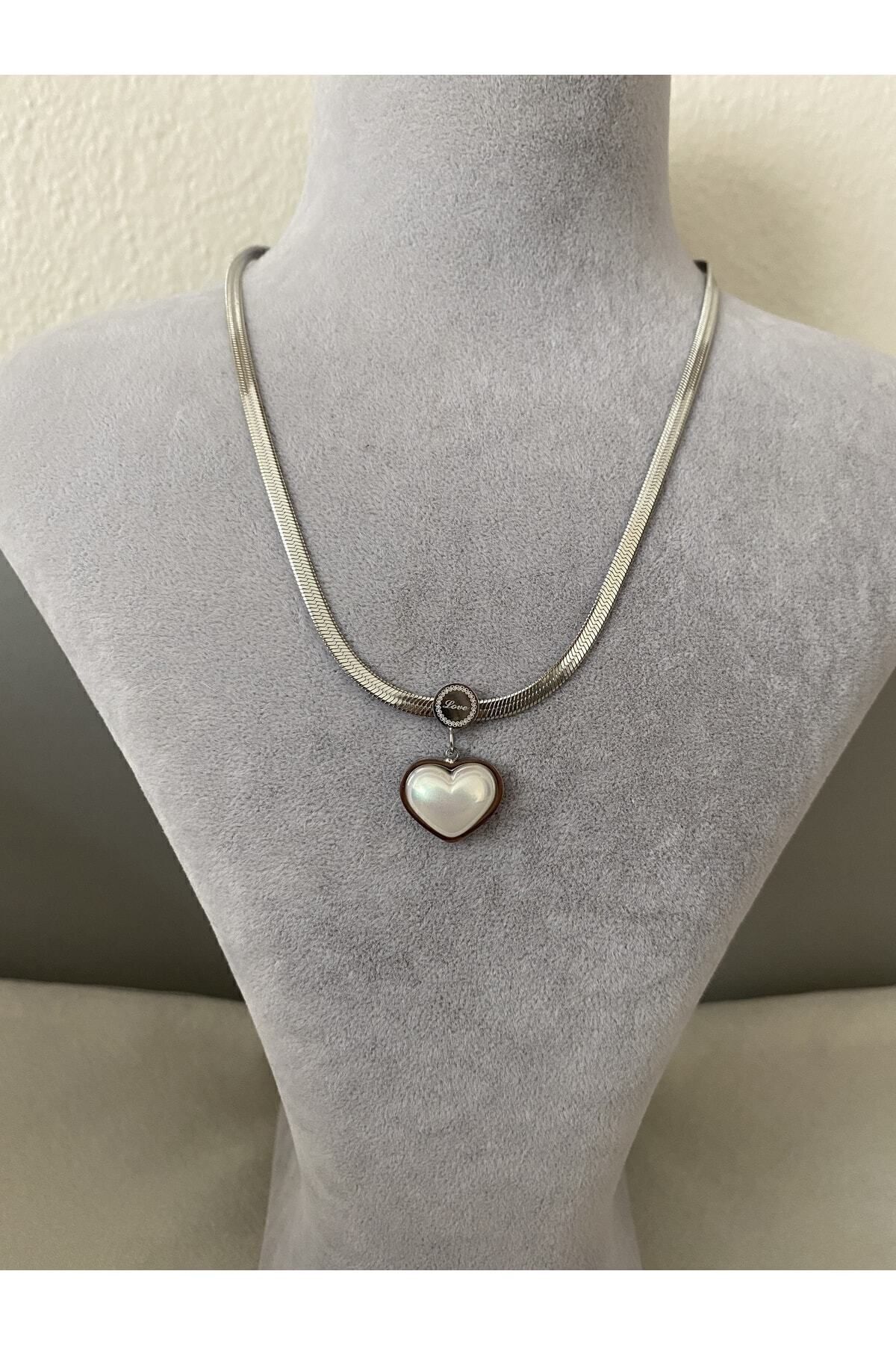staınless steel Kalpli Love Yazılı Italyan Yassı Zincir Antialerjik Paslanmaz Çelik Kolye