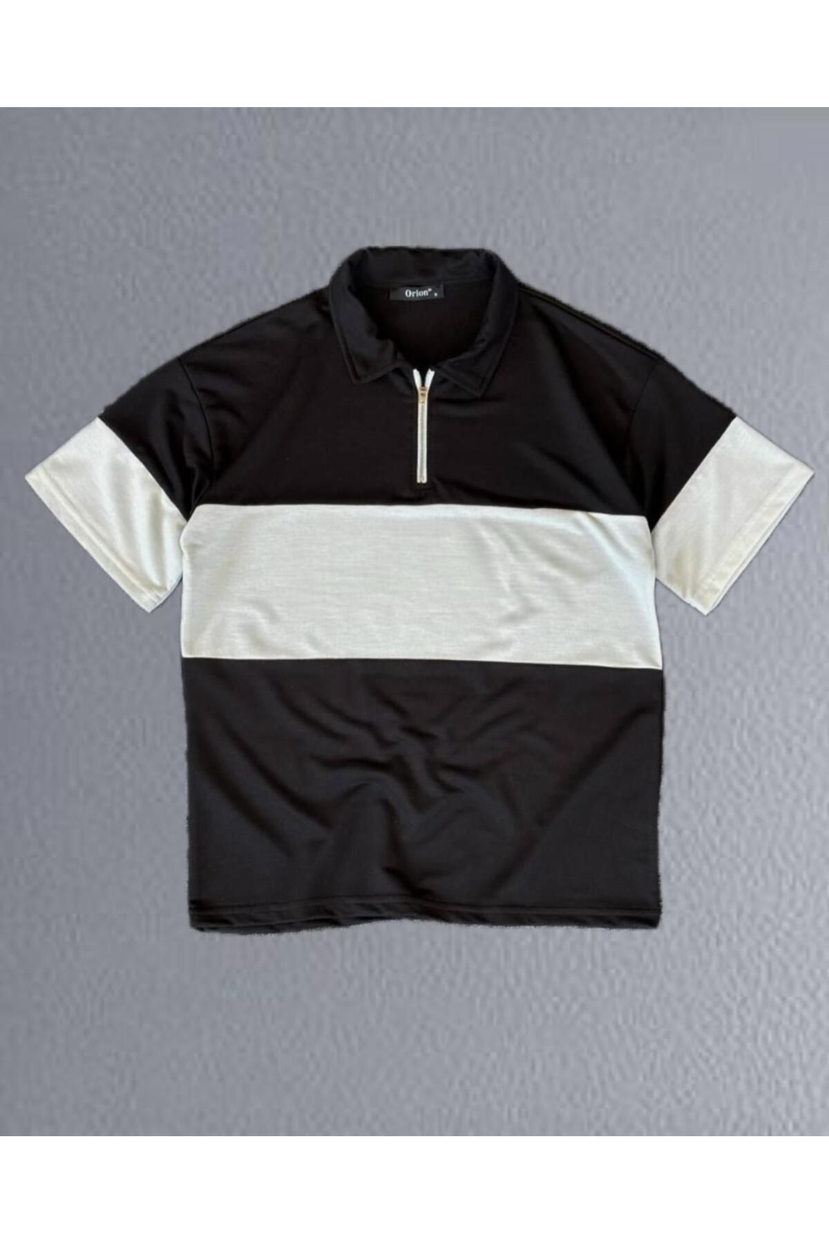 woonkey UNISEX OVERSİZE RAHAT KALIP POLO YAKA FERMUARLI PARÇALI T-SHIRT