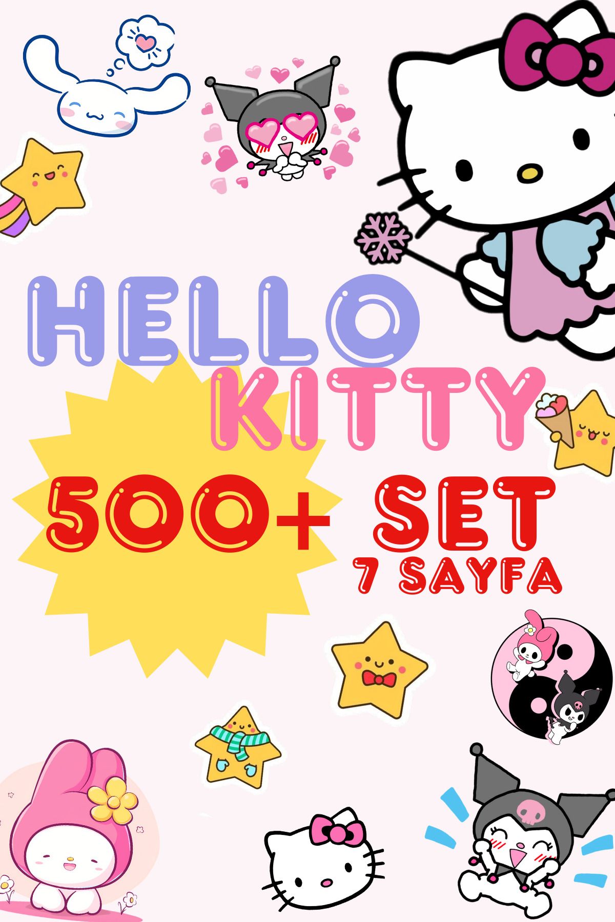 İki Elden Hello Kitty Sticker Seti 500+ Çıkartma Cinnamoroll My Melody Kuromi Kawaii Ajanda Defter Etiketi