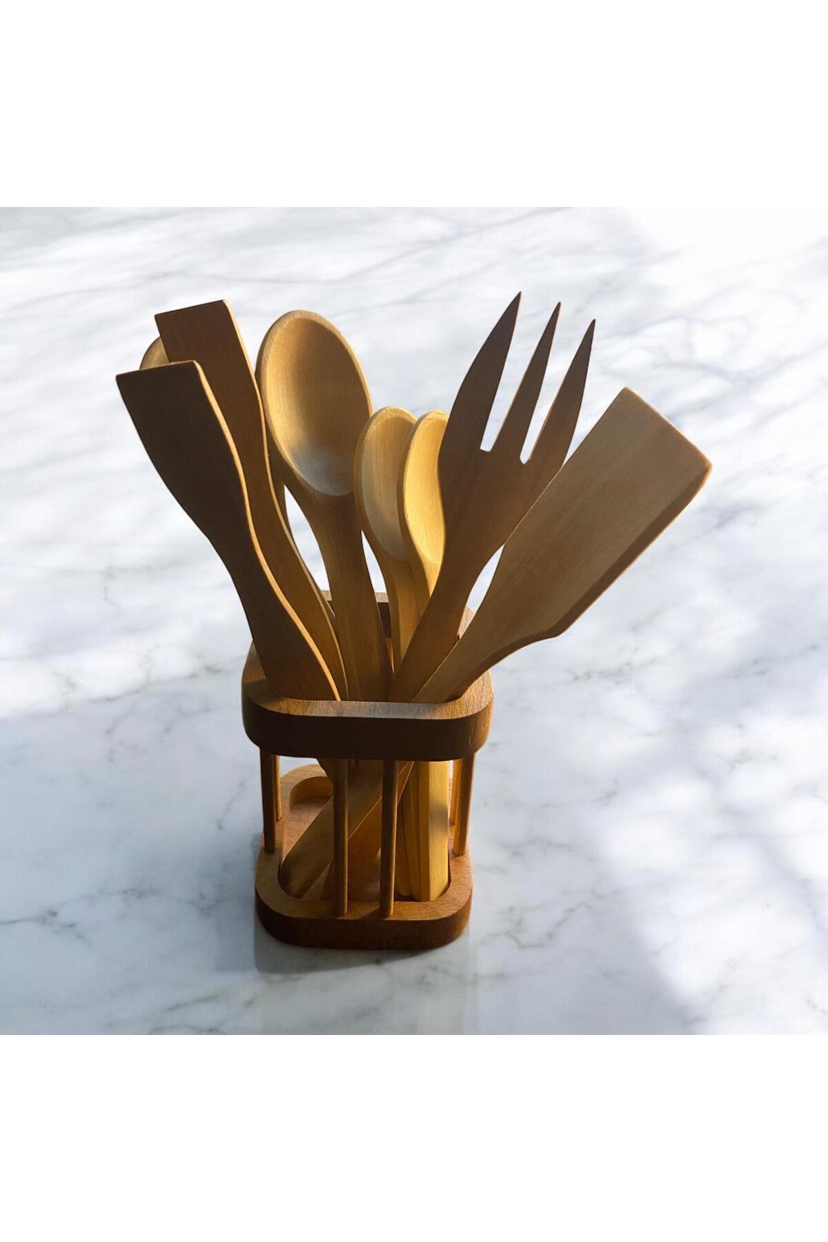 YTA collection-Yta Wooden Spoon Set – 8 Pieces, Natural Beaamber Wood with Stand 2