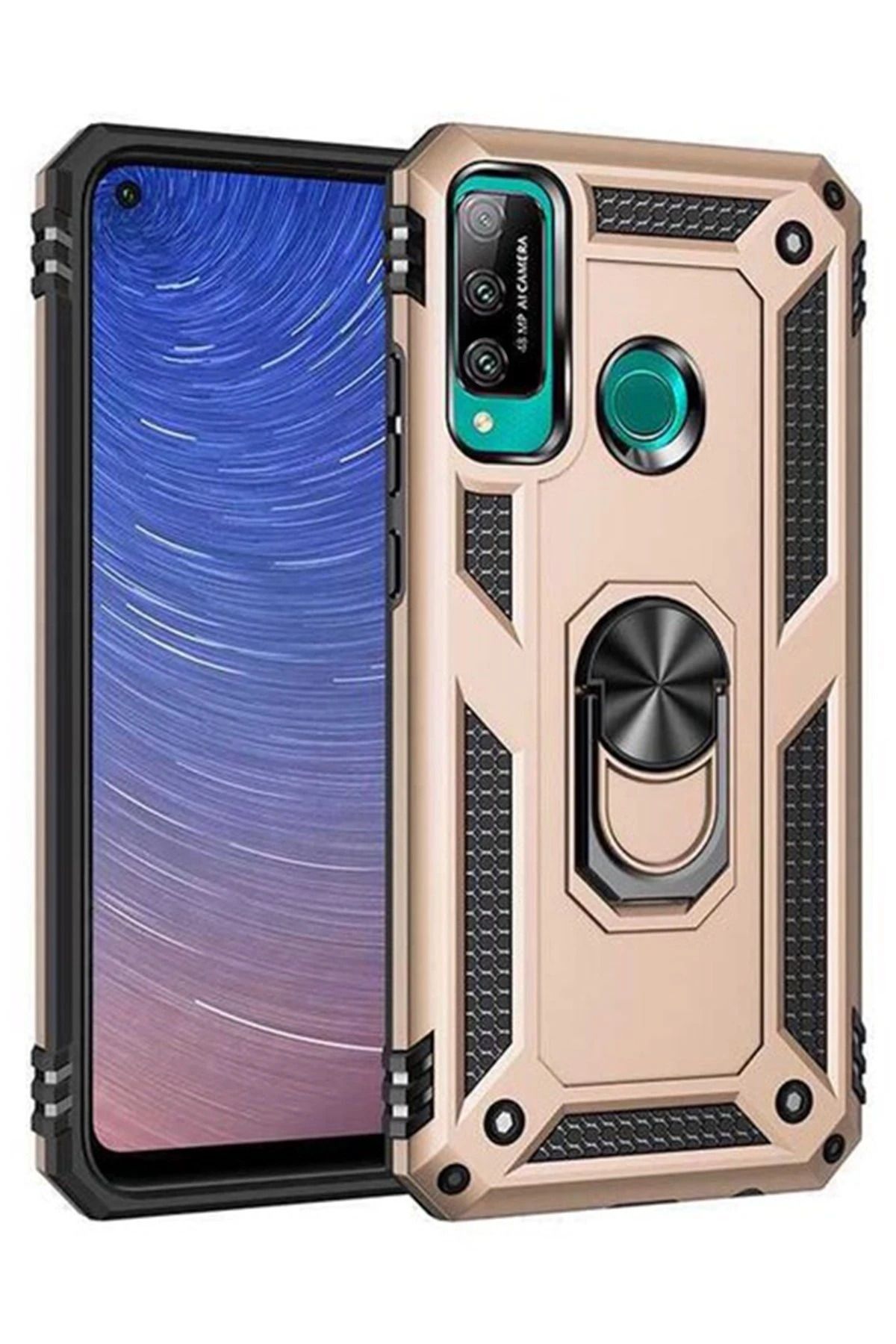 NewFace Huawei P40 Lite E Kılıf Sofya Yüzüklü Silikon Kapak - Gold BSTMY