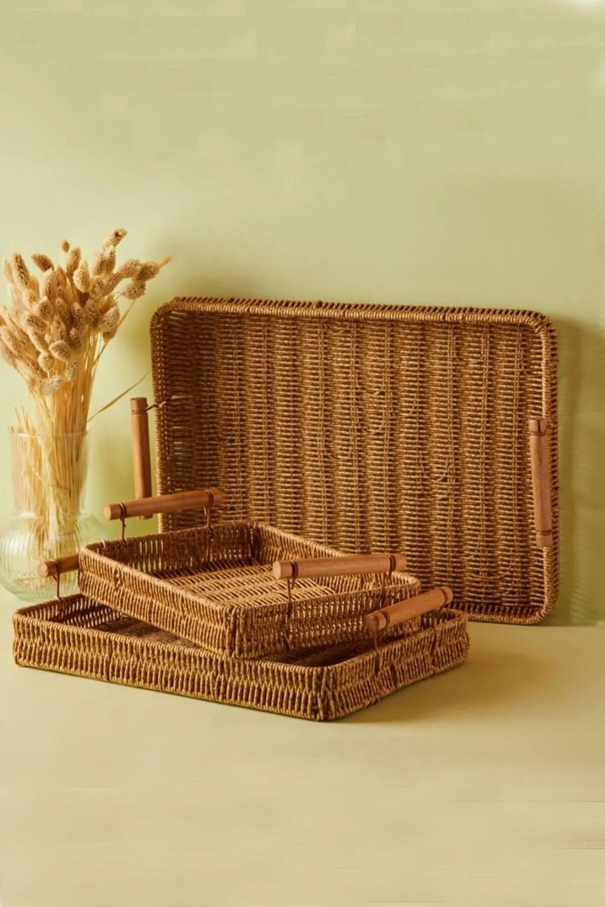 MESAPA RATTAN EL YAPIMI 3'LÜ HASIR TEPSİ SETİ - SUNUM VE DEKORATİF TEPSİ