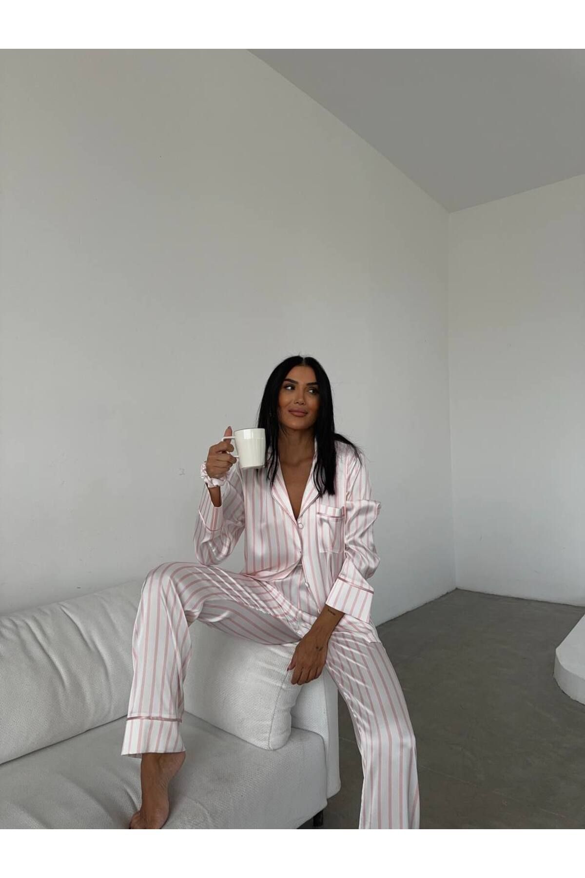 MODA Cizgili Saten Pijama Takımı