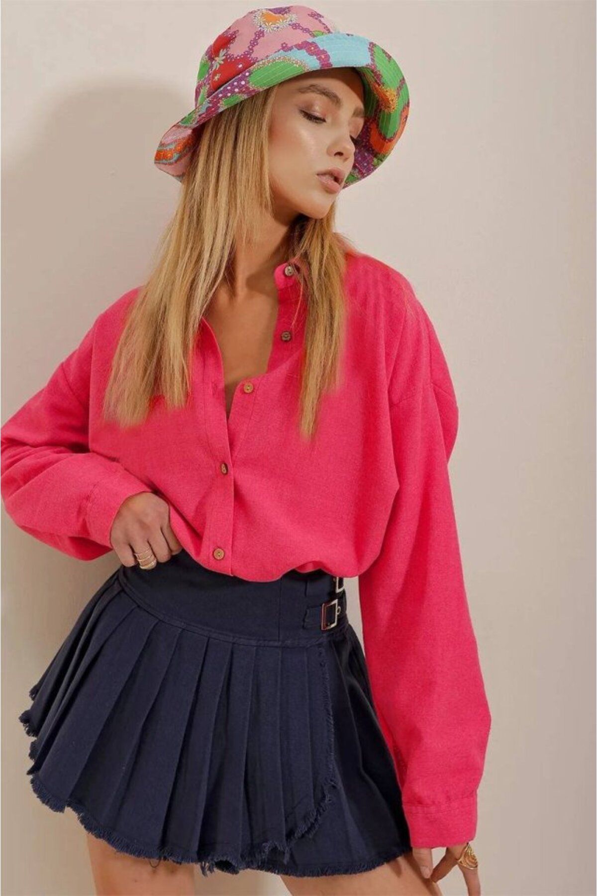 ARUZ MODA Kadın Keten Kumaş Oversize Gömlek