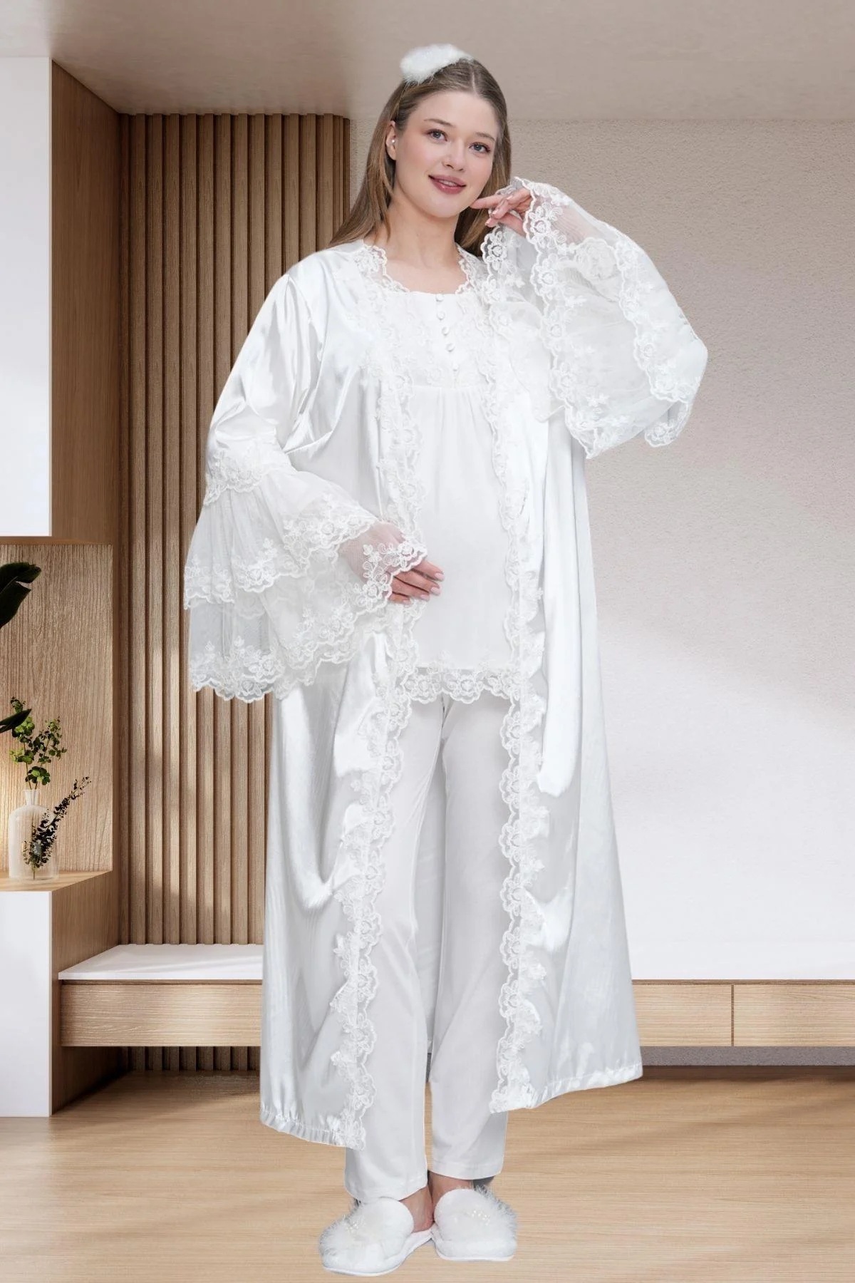 Mecit Pijama-Women's Maternity Maternity Set of 4 Lace Detailed Satin Dressing Gown + Short Sleeve Nightgown + Long Sleeve Pajamas Tk 2