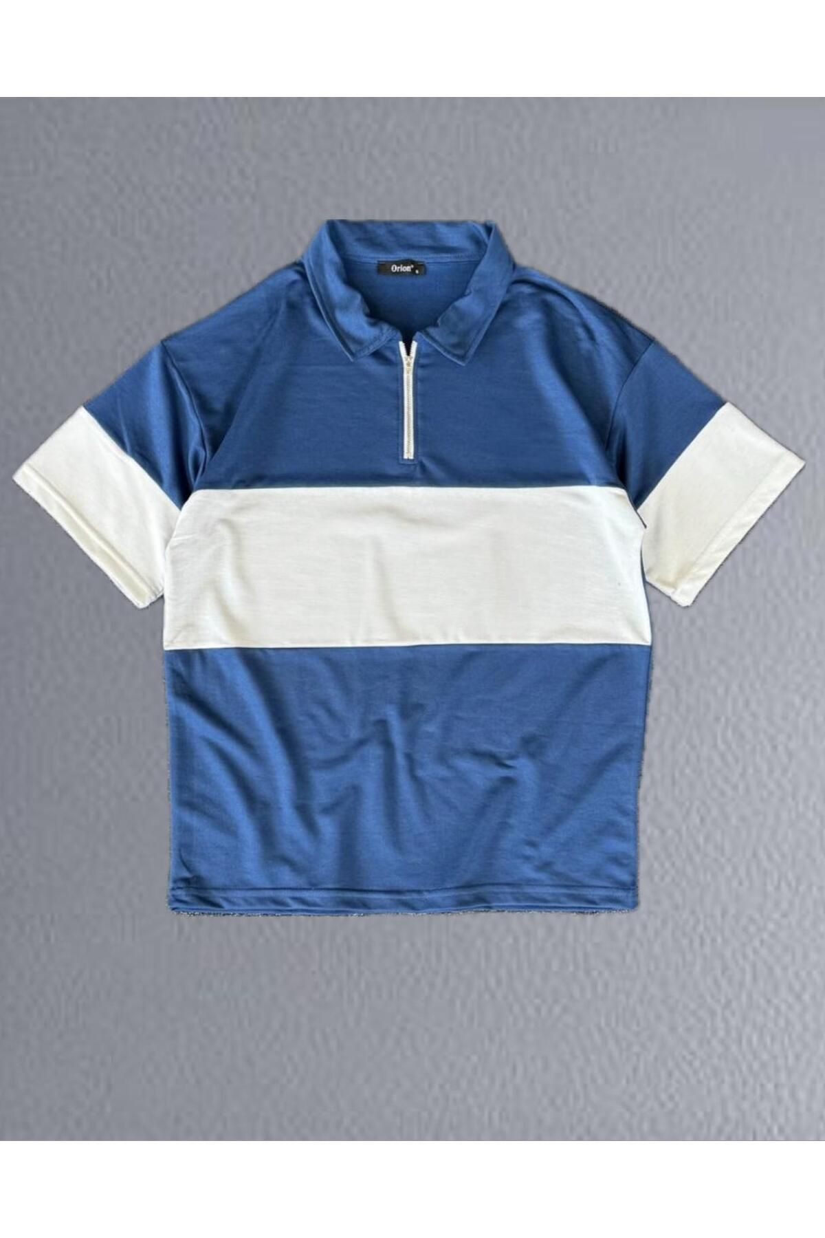 woonkey UNISEX OVERSİZE RAHAT KALIP POLO YAKA FERMUARLI PARÇALI T-SHIRT