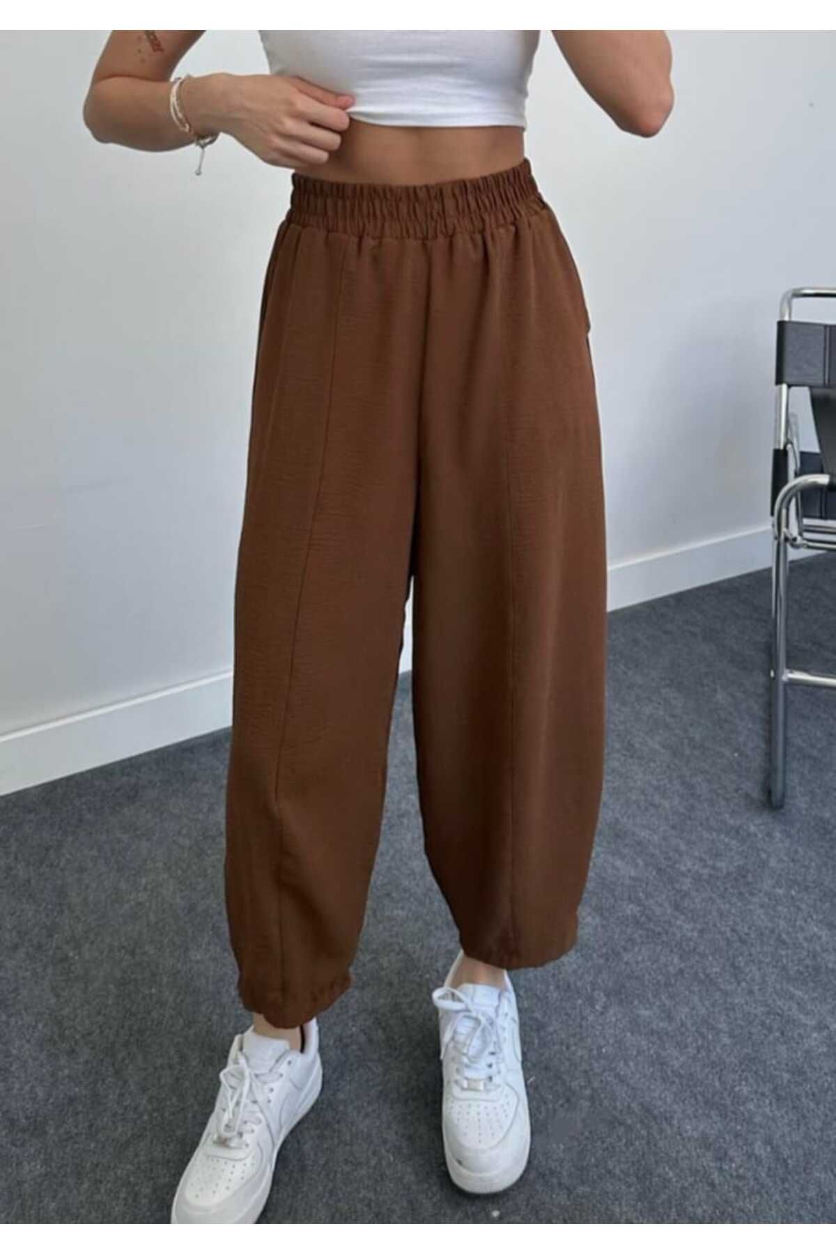 ButikSN collection Kadın Keten Şalvar Pantolon Kahverengi (36-38-40 bedenlere uyumludur)