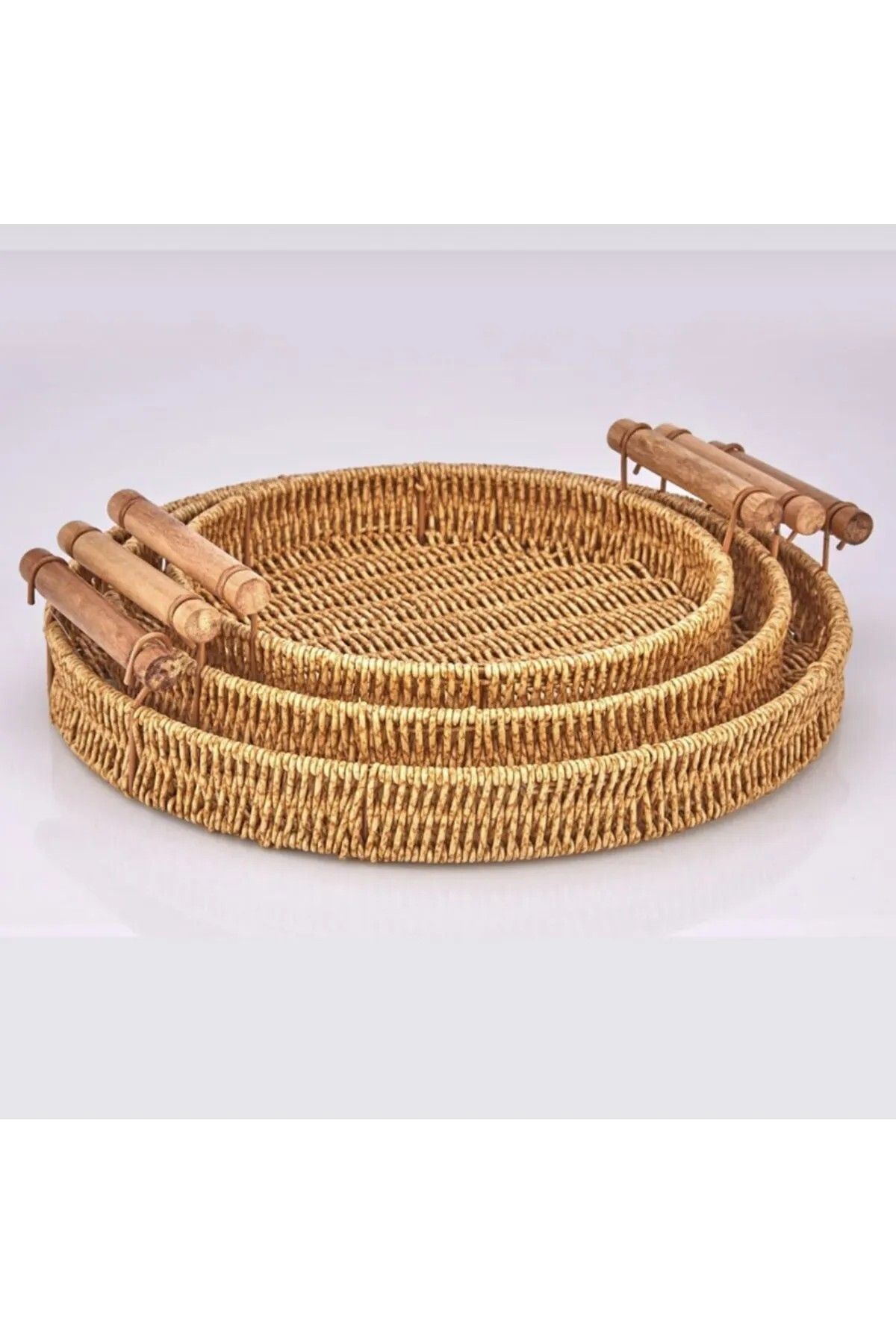 MESAPA RATTAN EL YAPIMI 3'LÜ HASIR TEPSİ SETİ - SUNUM VE DEKORATİF TEPSİ
