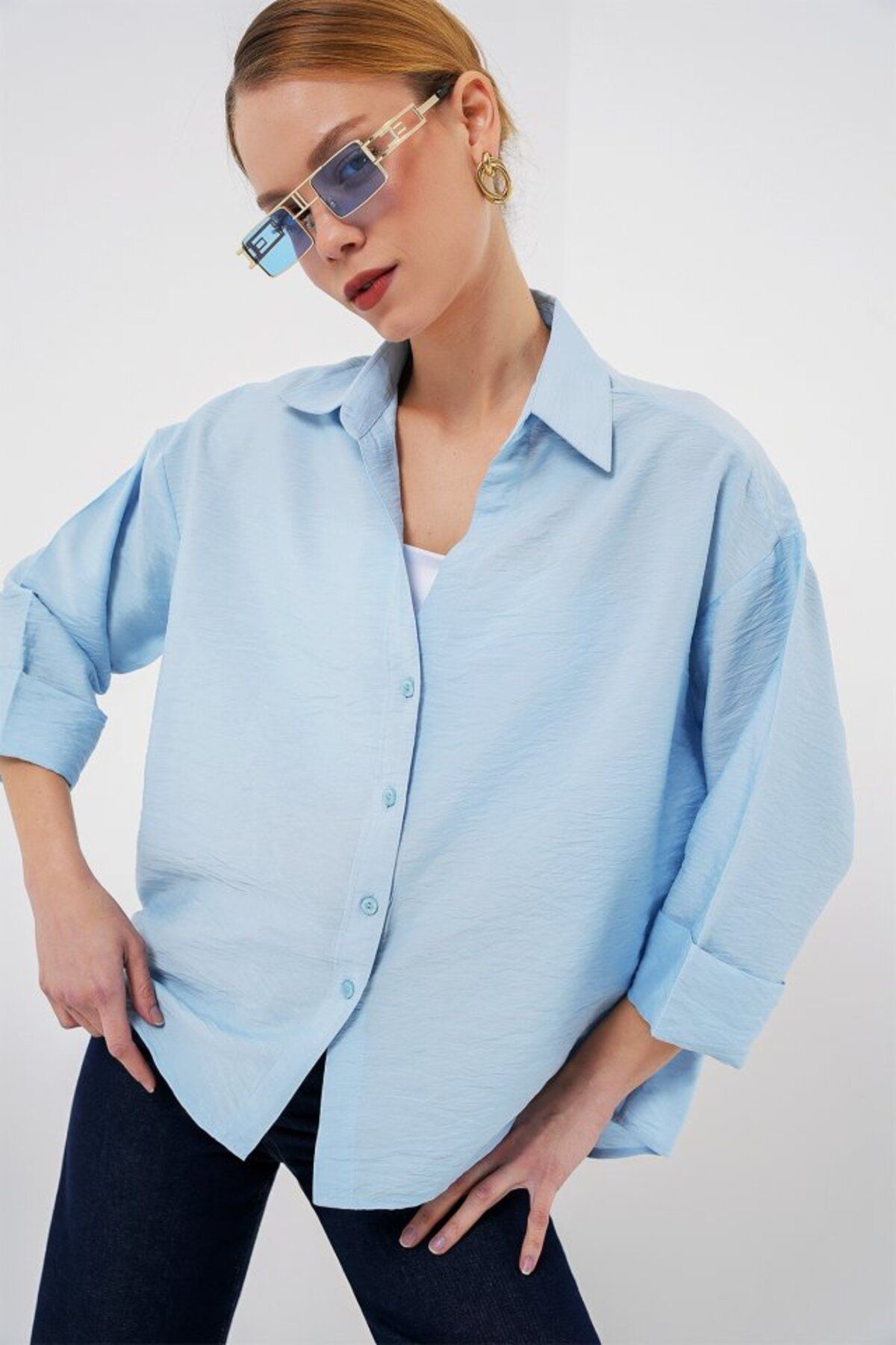 ARUZ MODA Oversize Kısa Kol Gömlek 20315 - Mavi