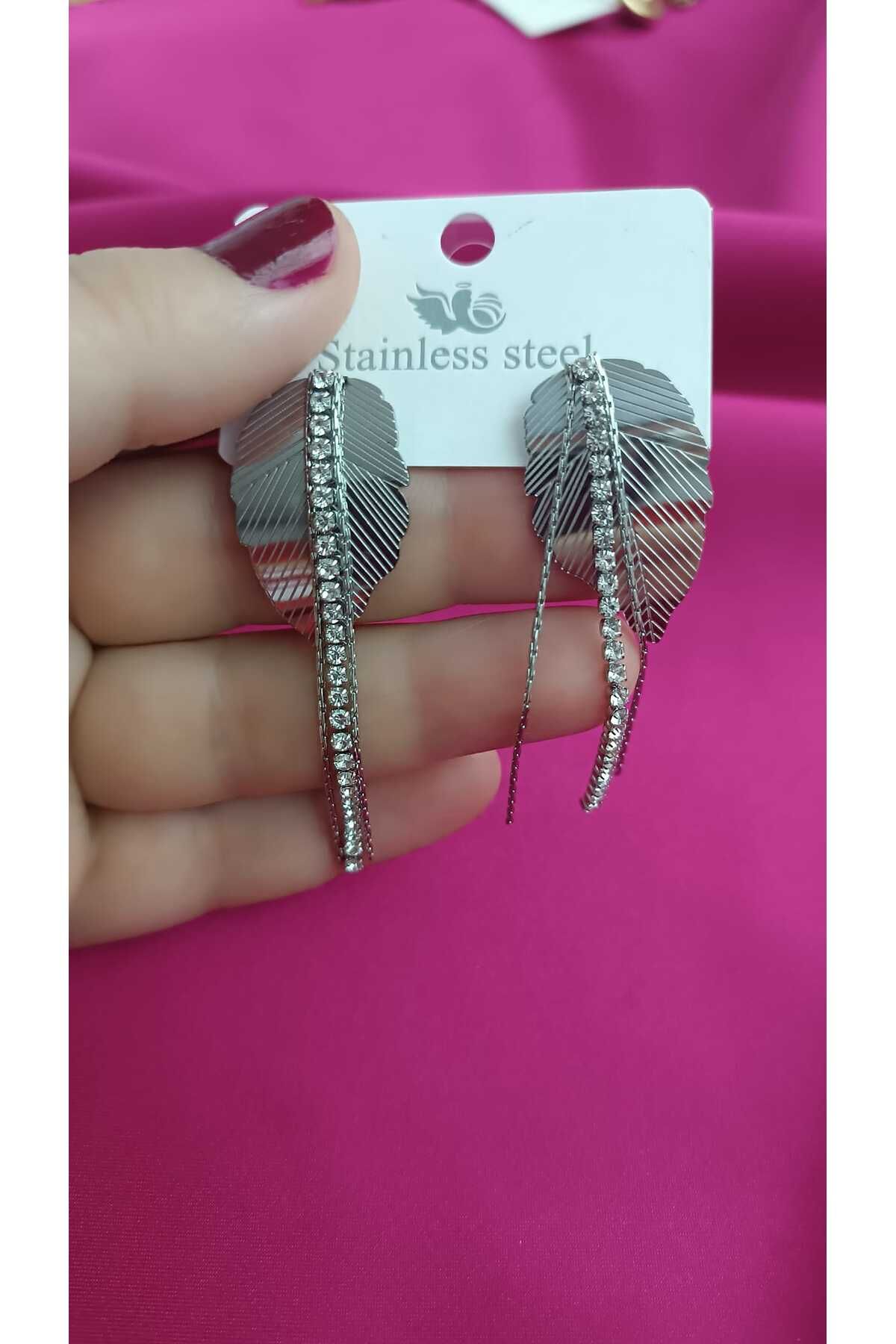 shop Çelik Karama Yapmaz Zirkon Taşlı Yaprak Model Şık Zarif Kadın Küpe
