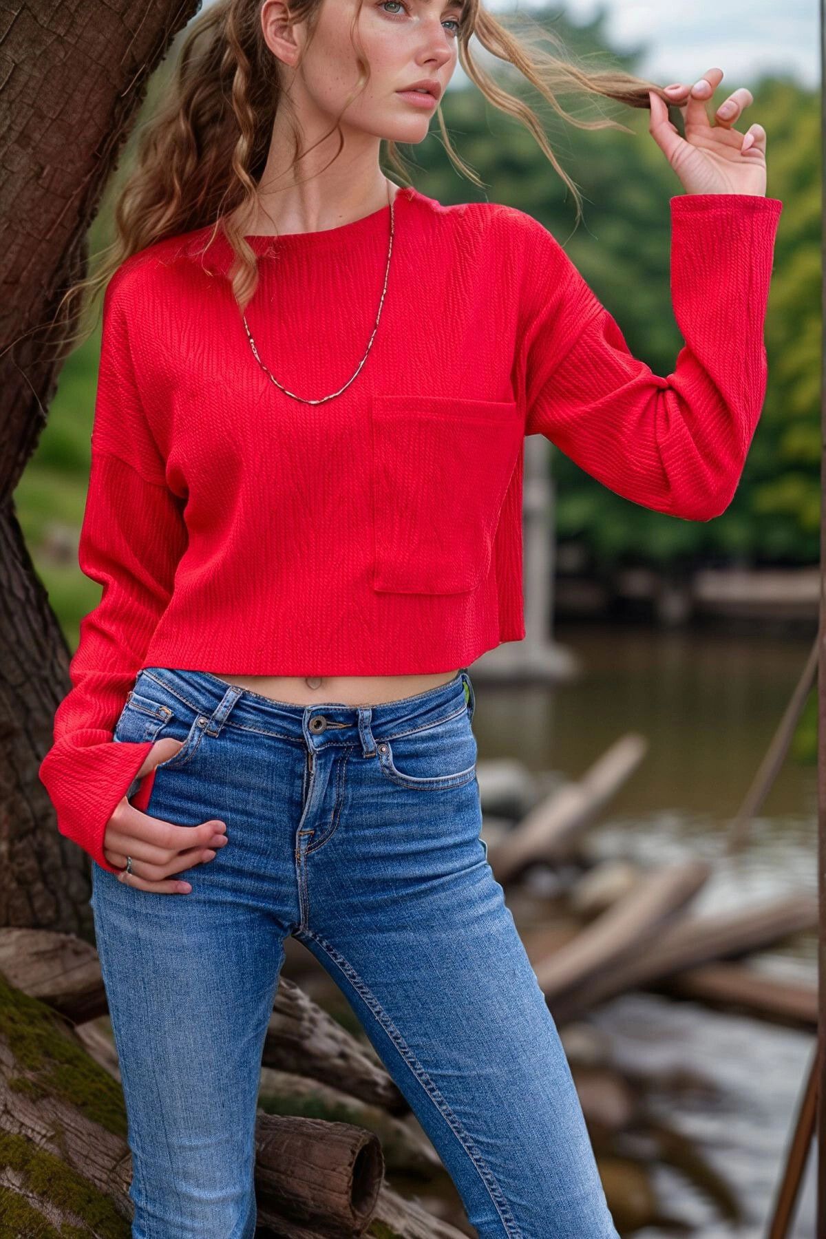 bacc Kırmızı Kendinden Dokulu Cepli Crop Salaş Sweatshirt BCBSK-25700-3321
