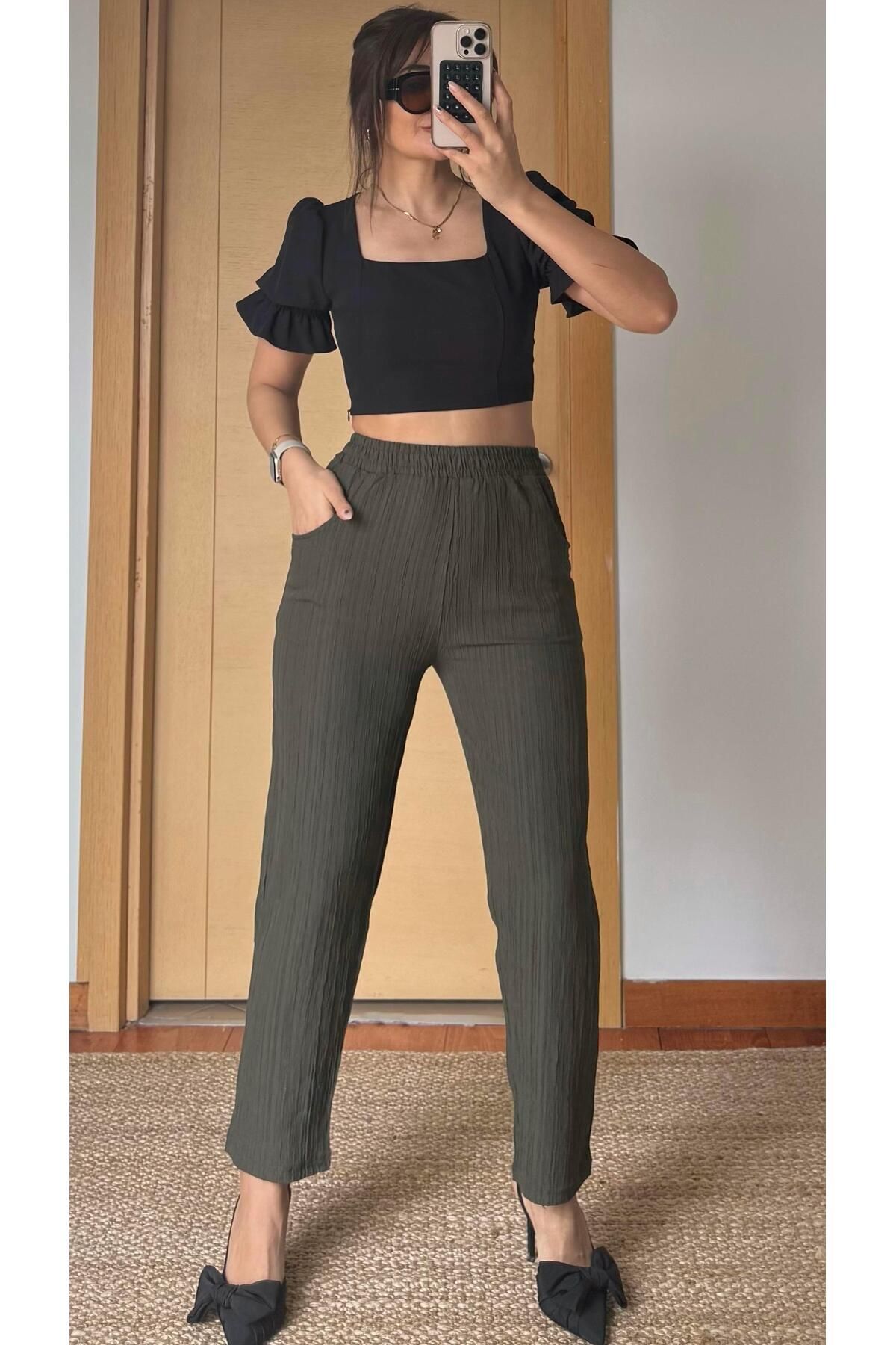 Daves Haki Beli Lastikli Rahat Kalıp Müslin Kadın Pantolon