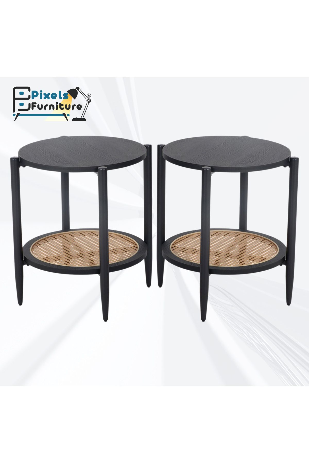 PixelsFurniture-Set of 2 Round Side Table 2 Layers Pixel Furniture Coffee Table with Wood Top, Rattan Bottom Shelf and Metal Ends 1