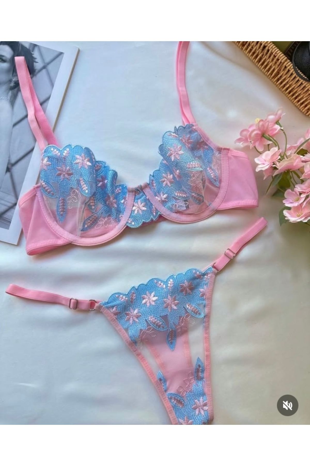 Fanwet Kadın Mavi Pembe Çiçekli Sütyen Tanga Kilot İç Giyim