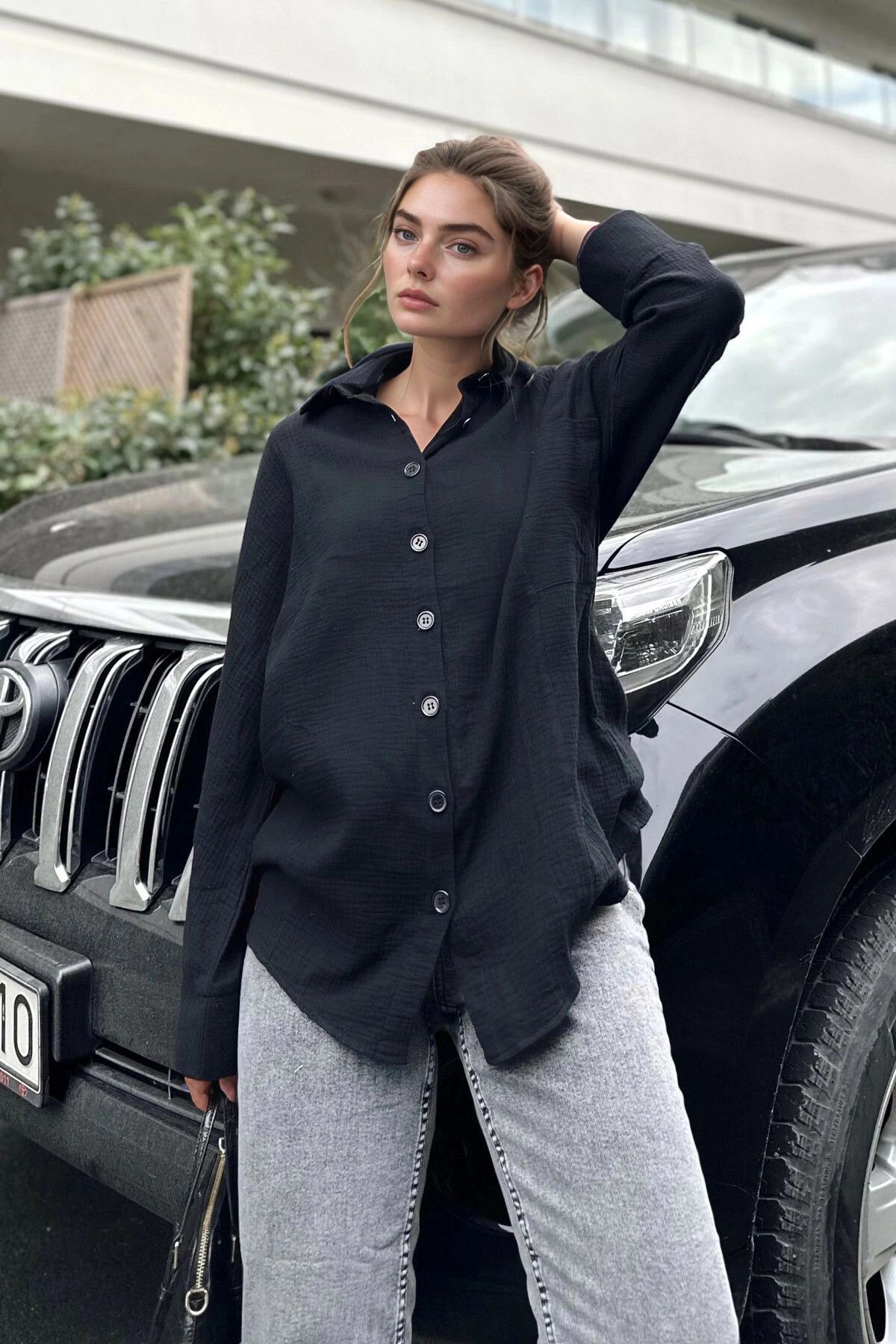 bacc Siyah Düğmeli Oversize Uzun Kollu Gömlek BCBSK-25700-3406