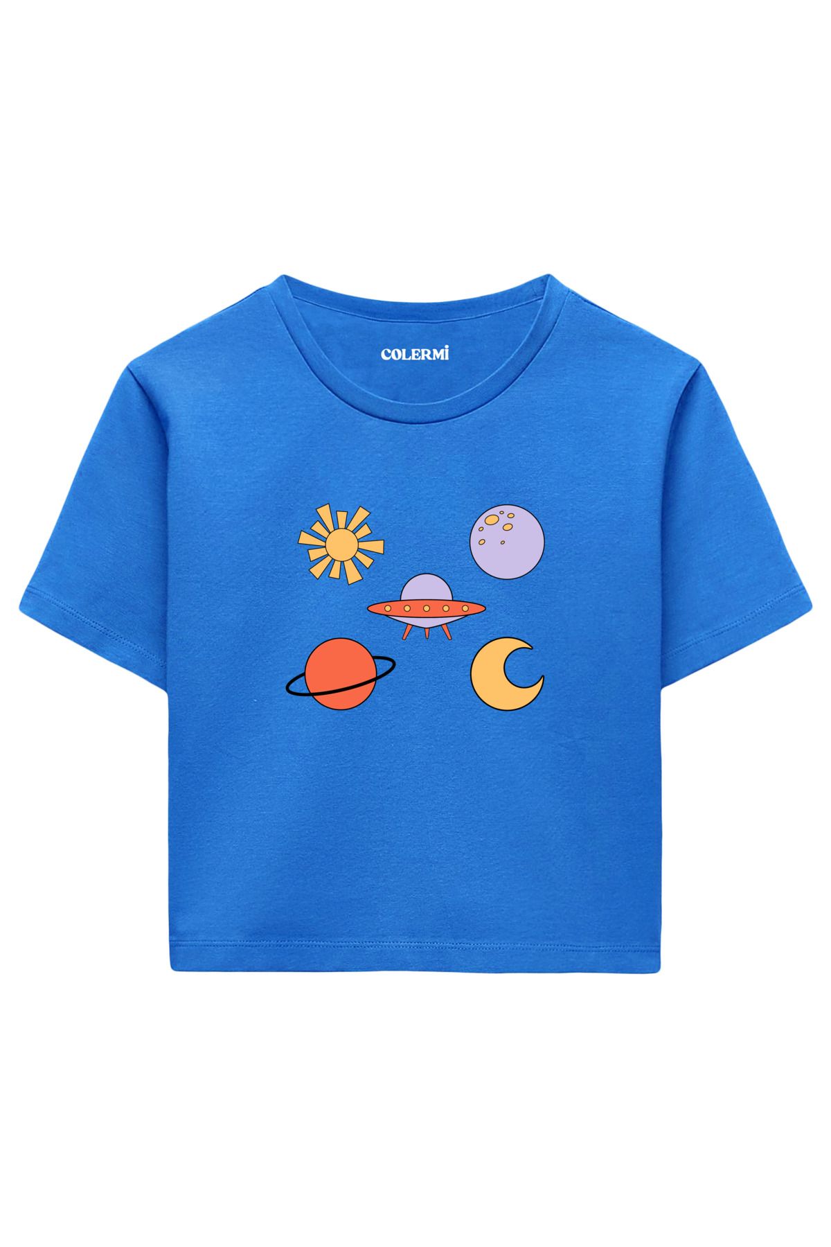 Colermi Renkli Uzay Figürlü %100 Pamuk Kadın Crop Tshirt
