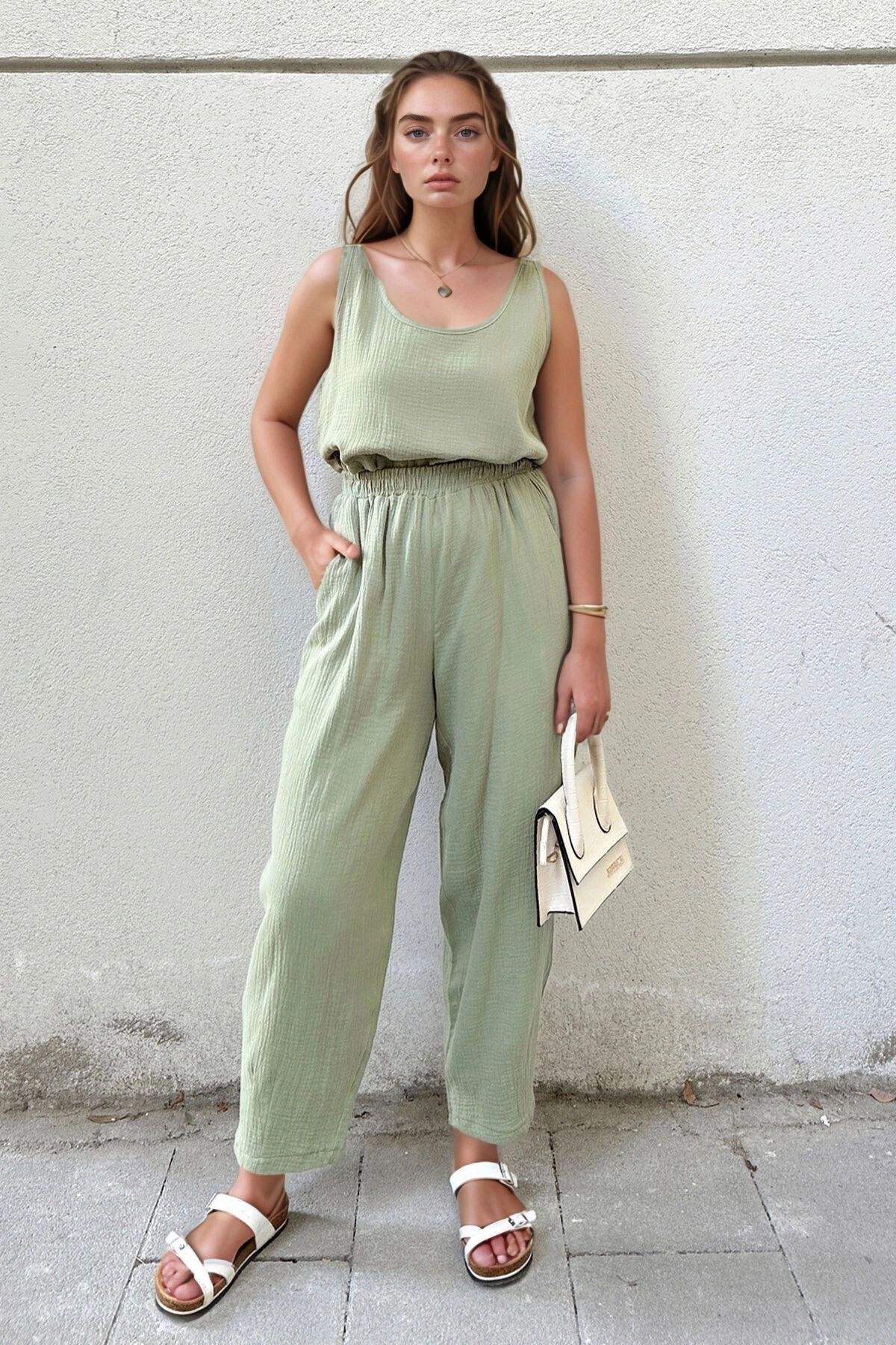 bacc-Women's Khaki Muslin Elastic Waist Pocket Casual Trousers Bcbsk-25700-3416 2
