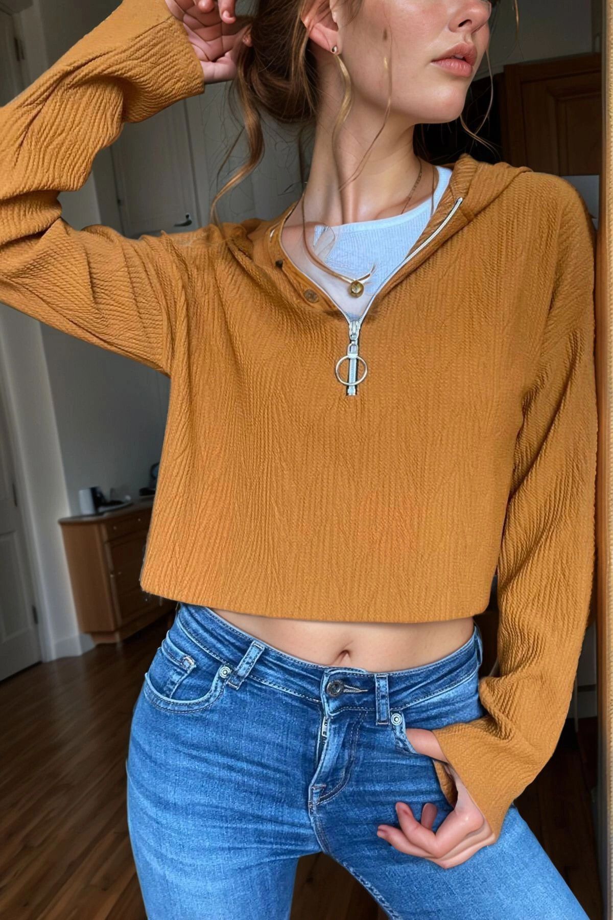 bacc Hardal Kendinden Dokulu Fermuarlı Kapüşonlu Crop Sweatshirt BCBSK-25700-3322