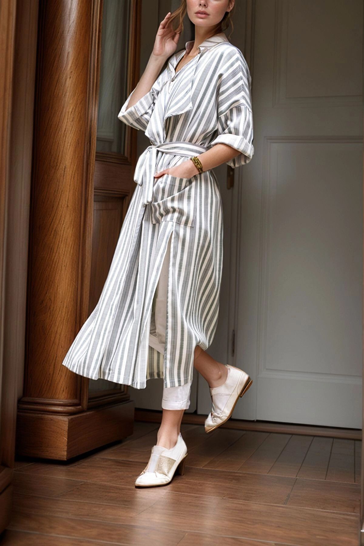 bacc Haki Keten Şal Yaka Cepli Kendinden Kuşaklı Çizgili Kimono Elbise BCBSK-25700-3373