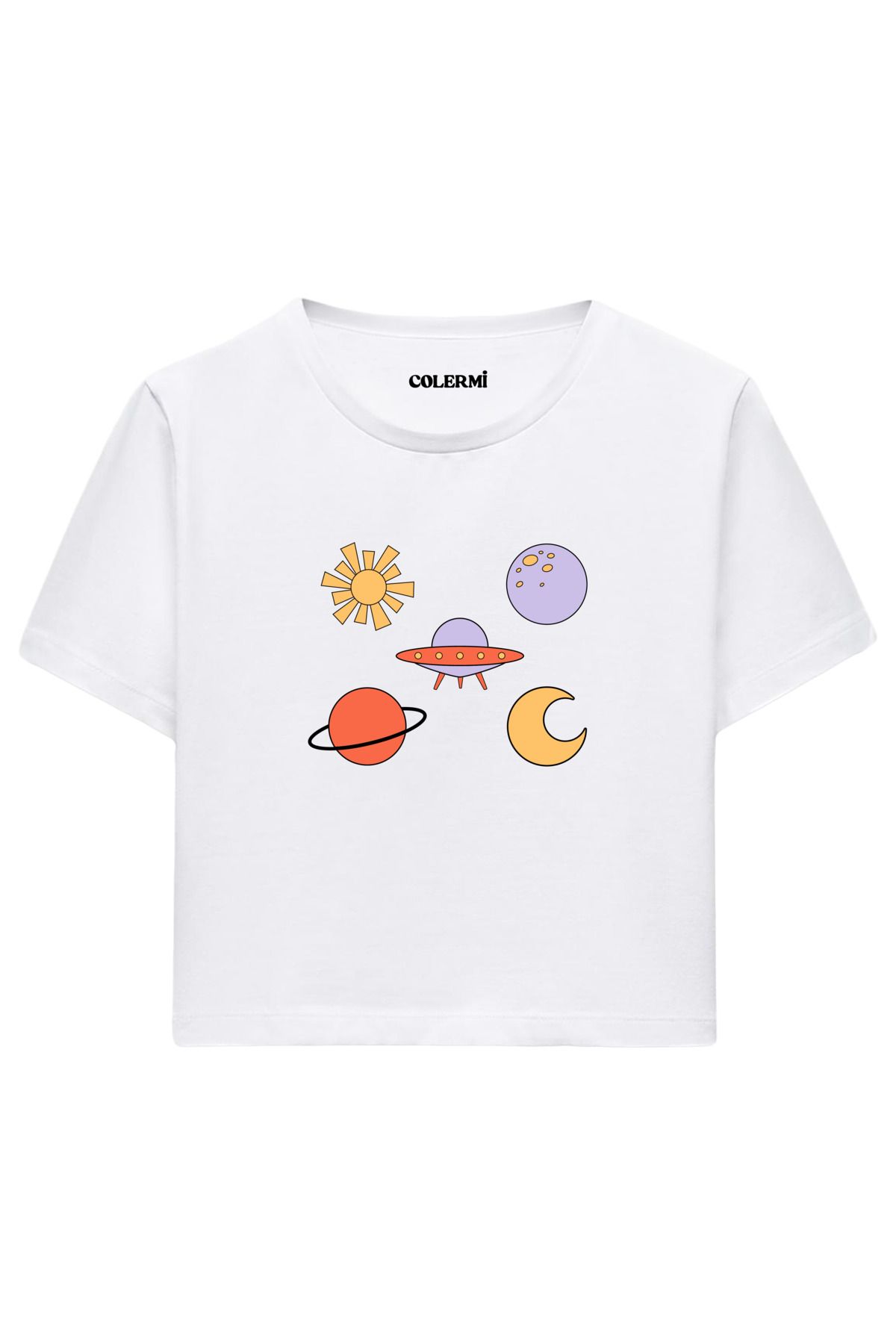 Colermi Renkli Uzay Figürlü %100 Pamuk Kadın Crop Tshirt