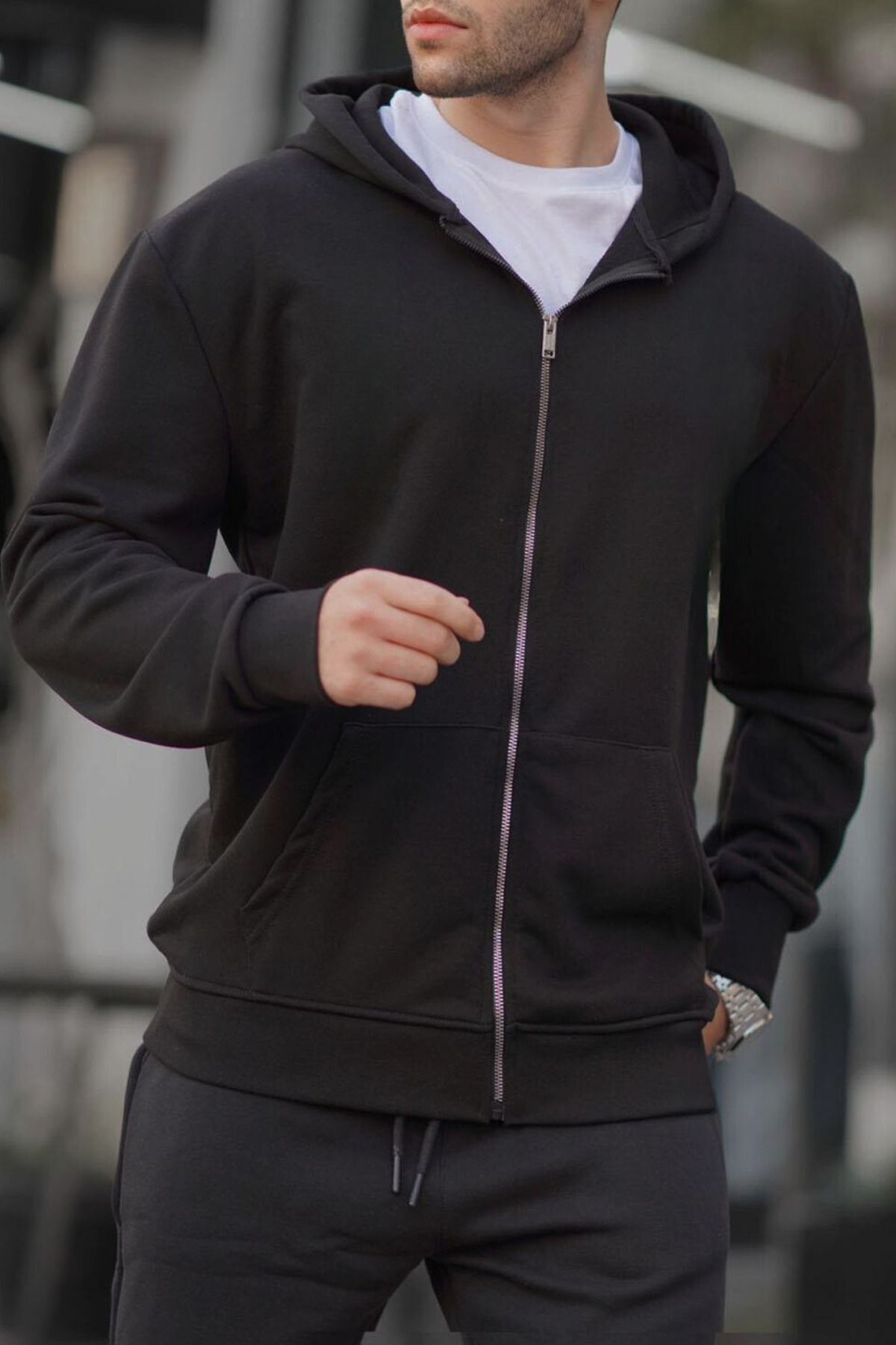 ruNadeS Erkek Relax Fit Rahat Kesim Pamuklu İçi Polarlı Çift Cepli Fermuarlı Kapüşonlu Sweatshirt Hırka