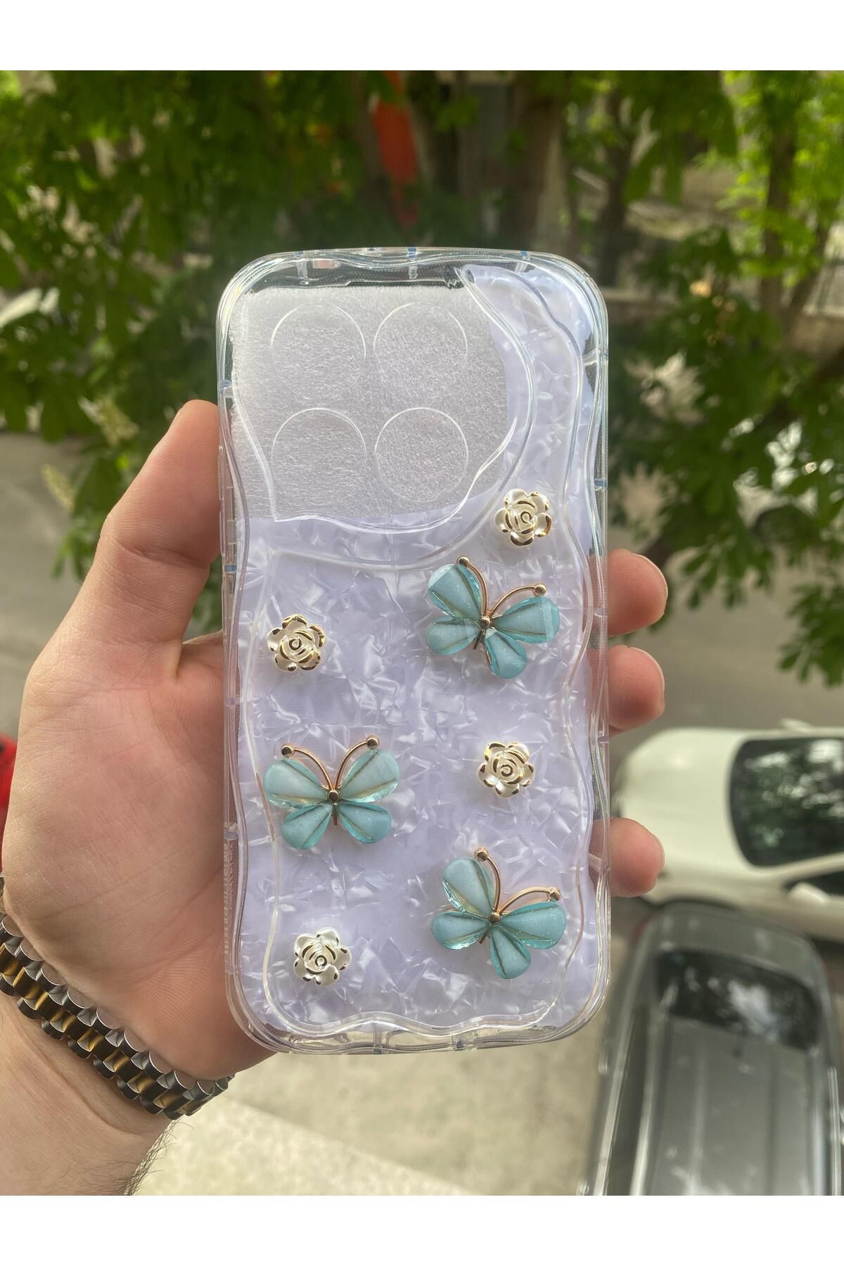 AQUA AKSESUAR Xiaomi Mi 14T Pro Uyumlu Kılıf 5D Kabartmalı Kelebek Çiçek Desenli Kenarları Şeffaf Simli Kapak