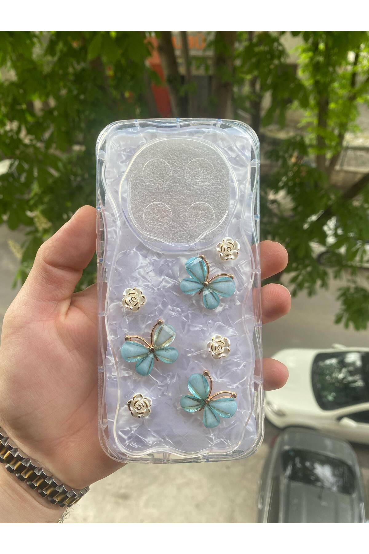AQUA AKSESUAR Honor Magic 7 Lite Uyumlu Kılıf 5D Kabartmalı Kelebek Çiçek Desenli Kenarları Şeffaf Simli Kapak