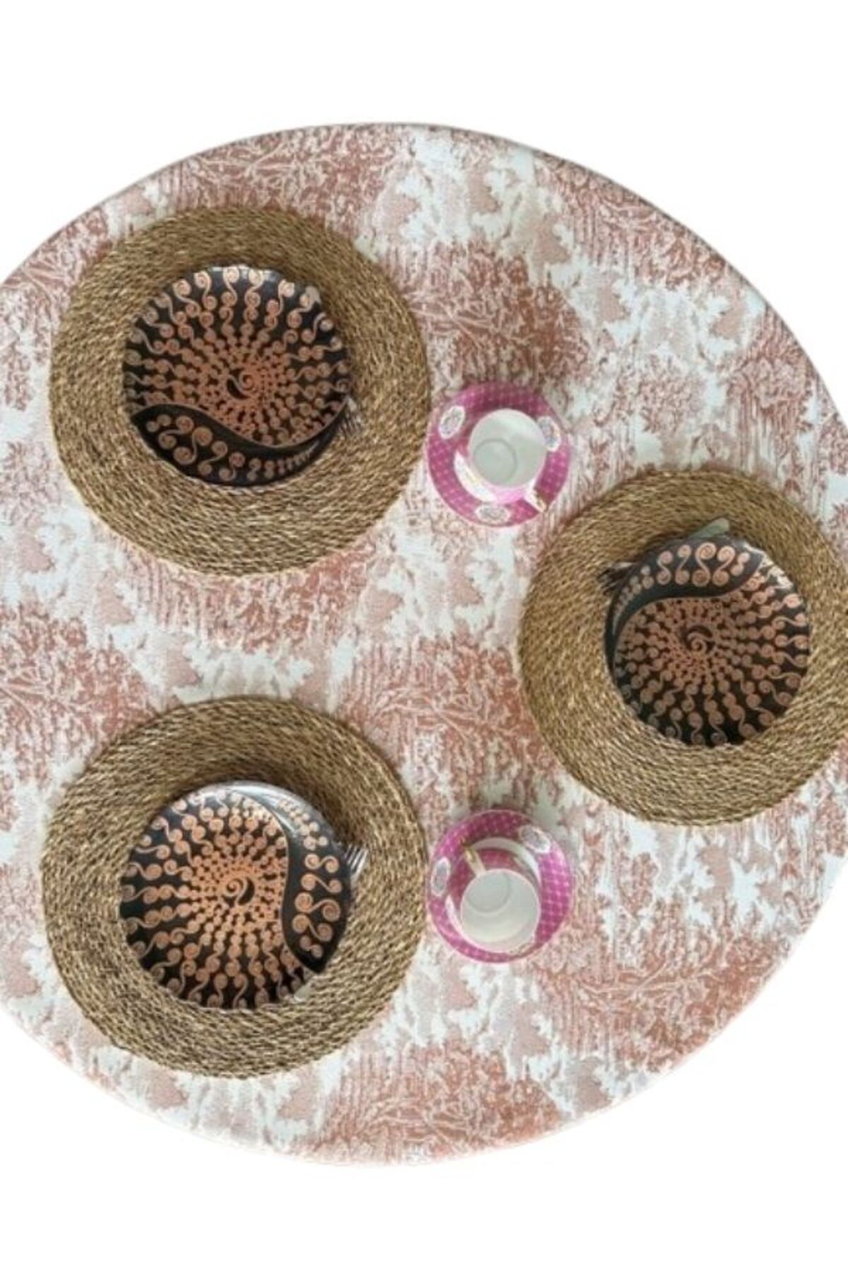 LOOM & LAUREL Jakarlı Dokuma Kumaş Yuvarlak 160 x 160 Masa Örtüsü Açık Kahverengi Ağırlıklı
