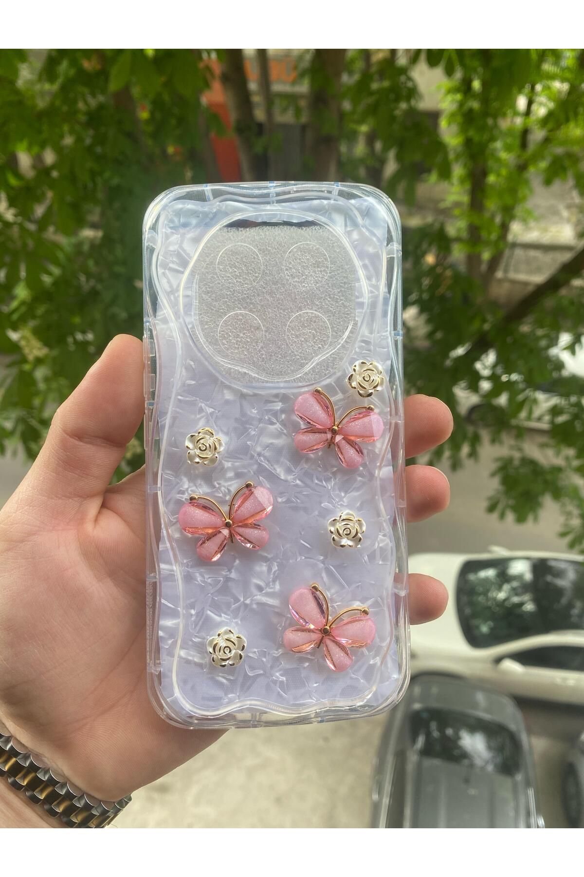 AQUA AKSESUAR Honor Magic 7 Lite Uyumlu Kılıf 5D Kabartmalı Kelebek Çiçek Desenli Kenarları Şeffaf Simli Kapak