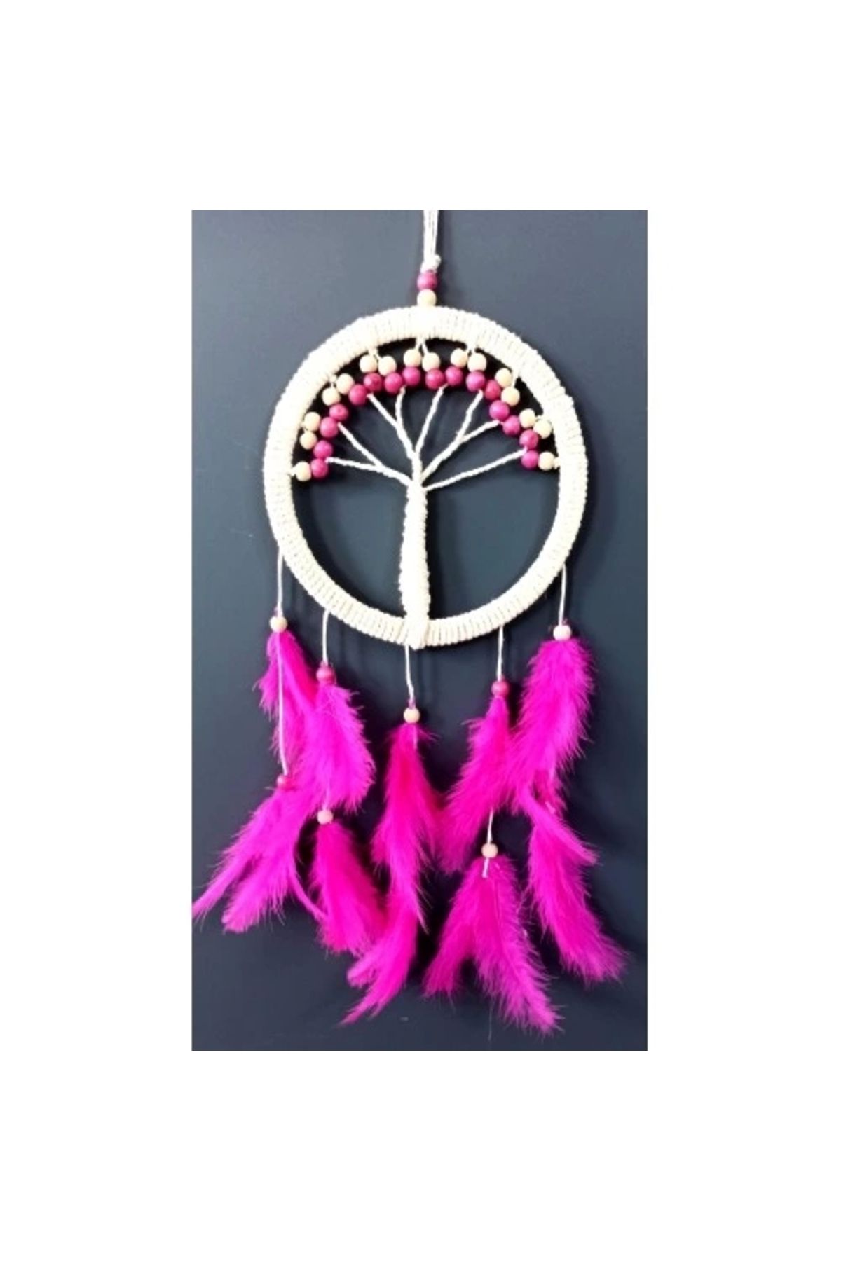 HayMed Fuşya Kuş Tüylü Hayat Ağacı Düş Kapanı Dream Catcher Duvar Süsü