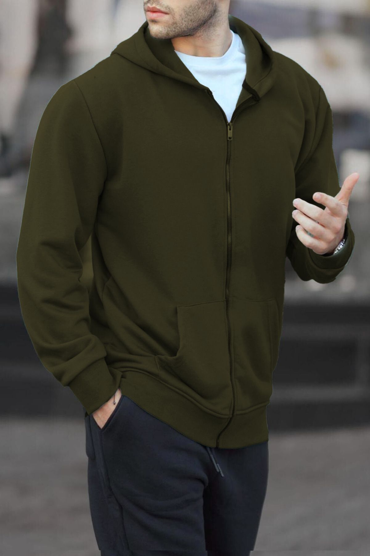 ruNadeS Erkek Relax Fit Rahat Kesim Pamuklu İçi Polarlı Çift Cepli Fermuarlı Kapüşonlu Sweatshirt Hırka