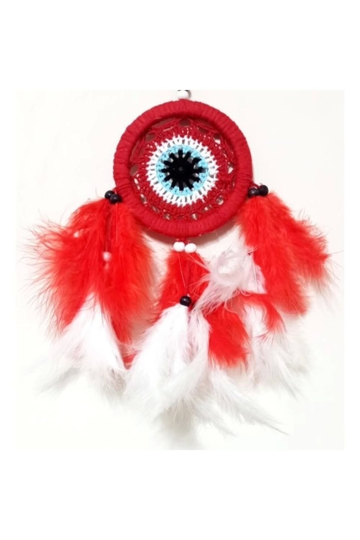 HayMed Kırmızı Ve Beyaz Kuş Tüylü Dream Catcher El Yapımı Mini Duvar Süsü