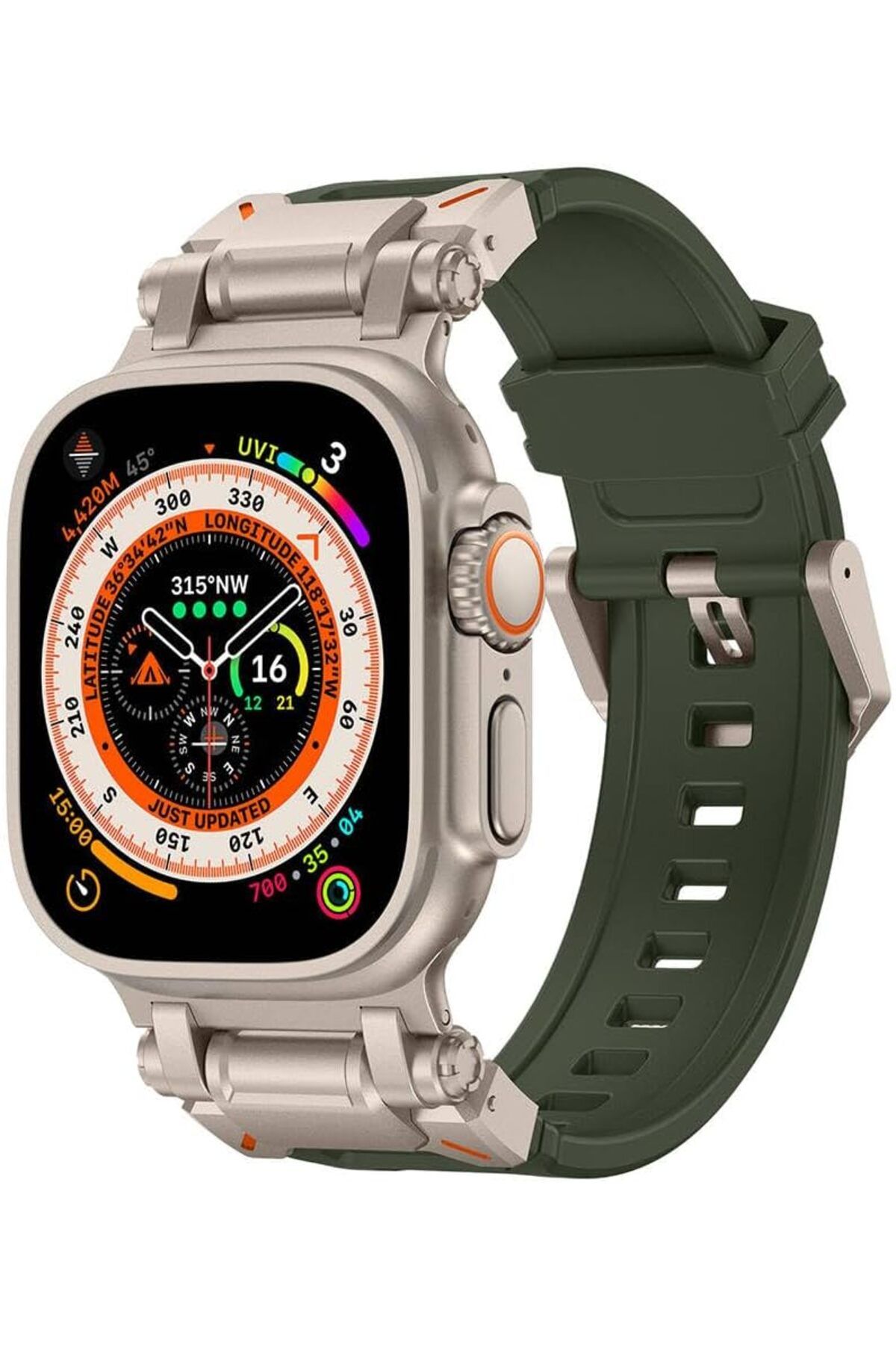 KDROĞLU KDROGLU İle Uyumlu Watch Ultra 49mm KRD-101 Titanyum Metal Başlıklı Silikon Kordon Yeşil-Titany