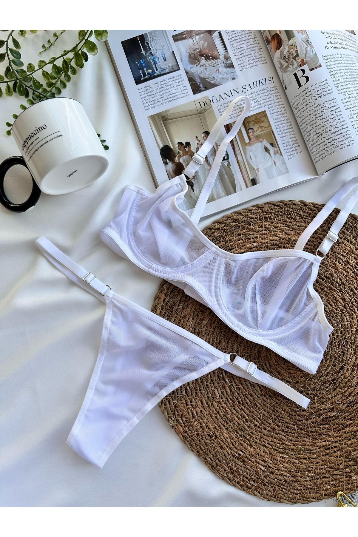 EMOŞ Beyaz Tül Balenli Bralet Sütyen Çamaşır Takımı