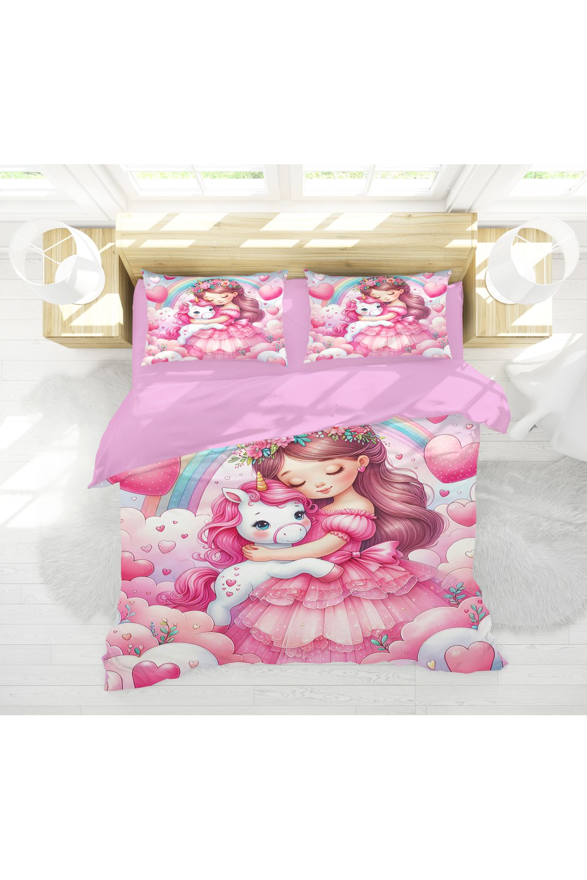 Erays Home Unicorn 3D Dijital Baskılı Çift Kişilik Nevresim Takımı Kız Çocuk Çift Kişilik Nevresim Takımı