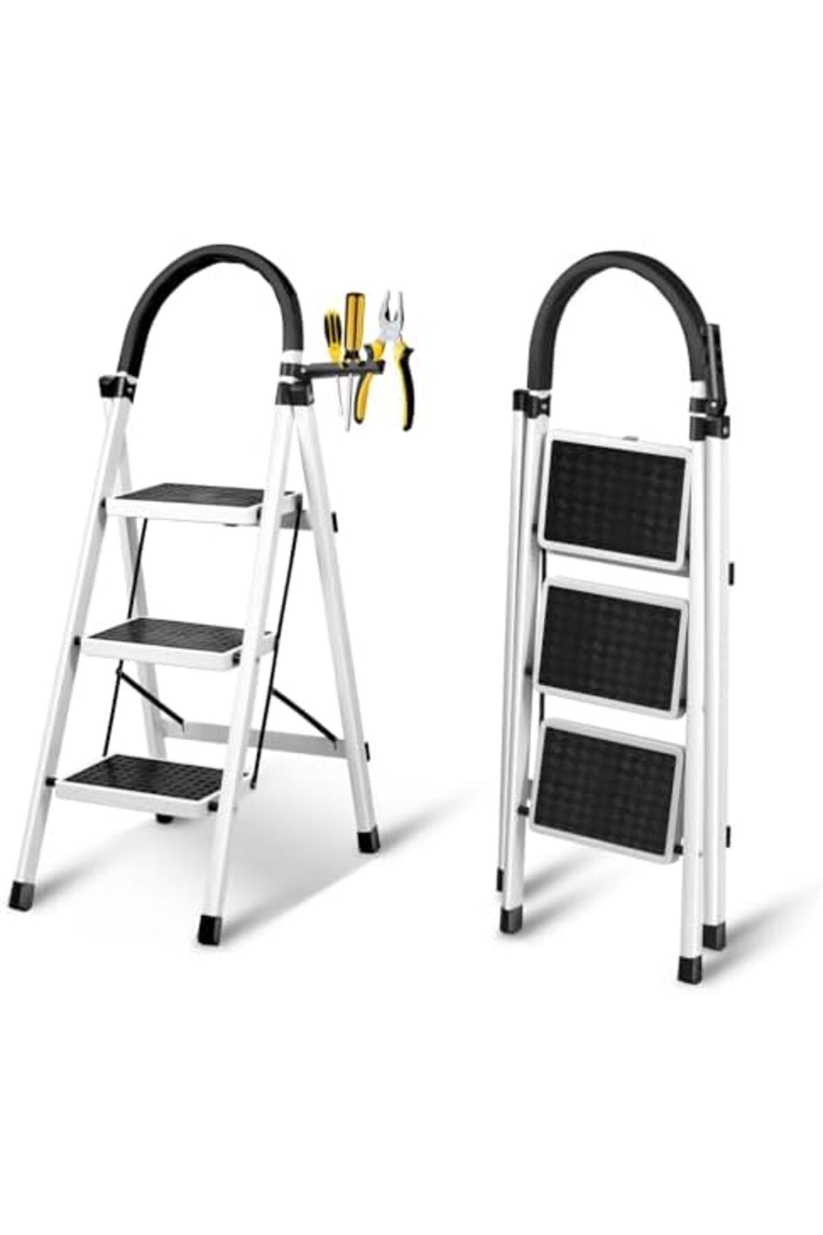 SKY TOUCH-SKY-TOUCH Foldable Ladder 3 Steps, Home Ladder Folding Step Stool with Wide Anti-Slip Pedal 2