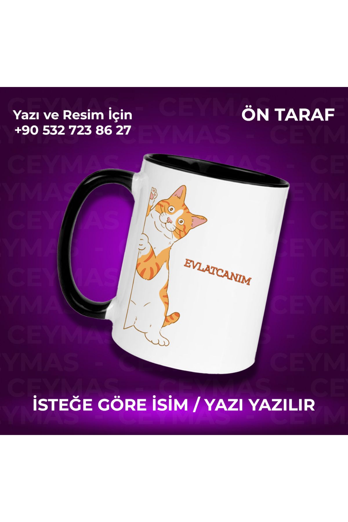 Ceymas Hediyelik Kişiye Özel Sarman Kedi Baskılı İsimli Renkli Kupa Bardak