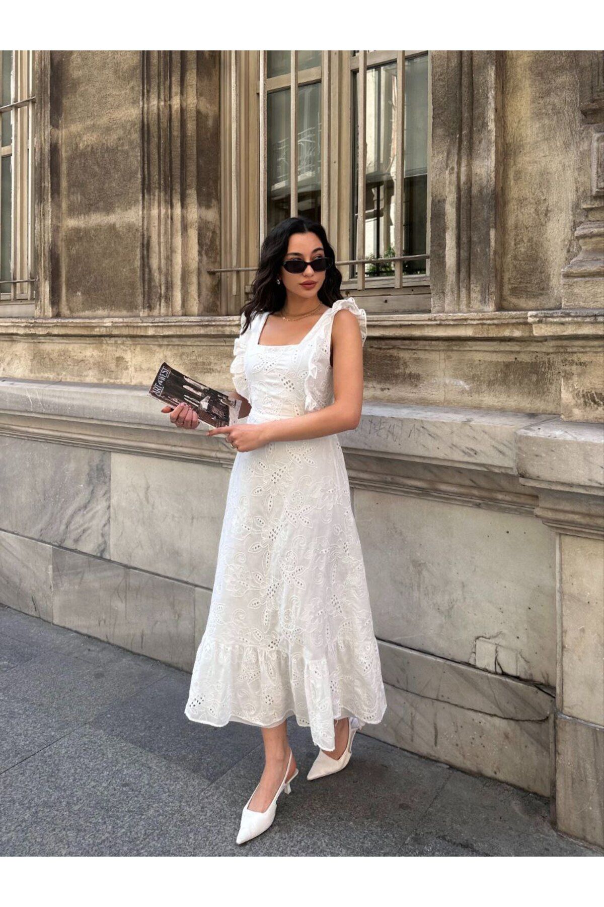 Castivo Fashion Fırfır Askılı Brode Bağlamalı Midi Elbise