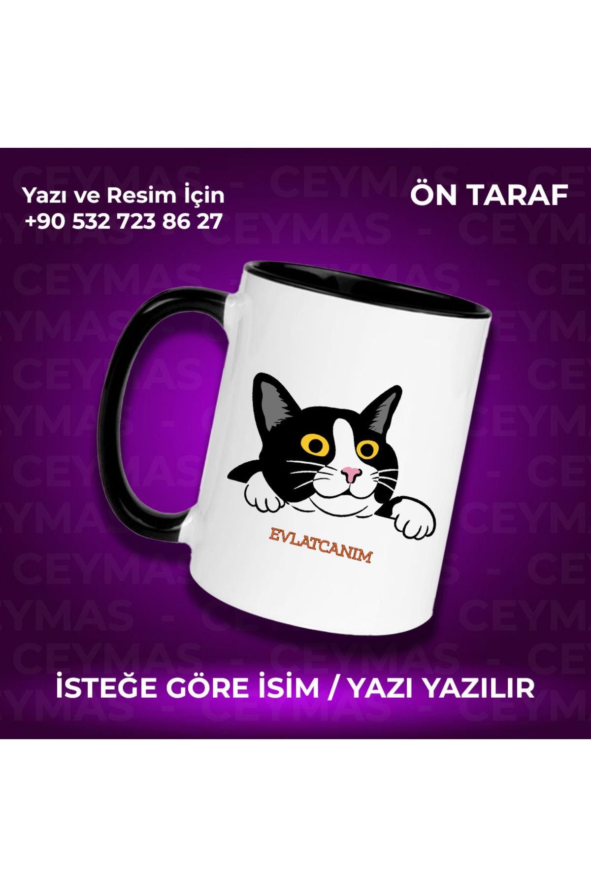 Ceymas Hediyelik Kişiye Özel İsim Baskılı Siyah Beyaz Kedili Renkli Kupa Bardak