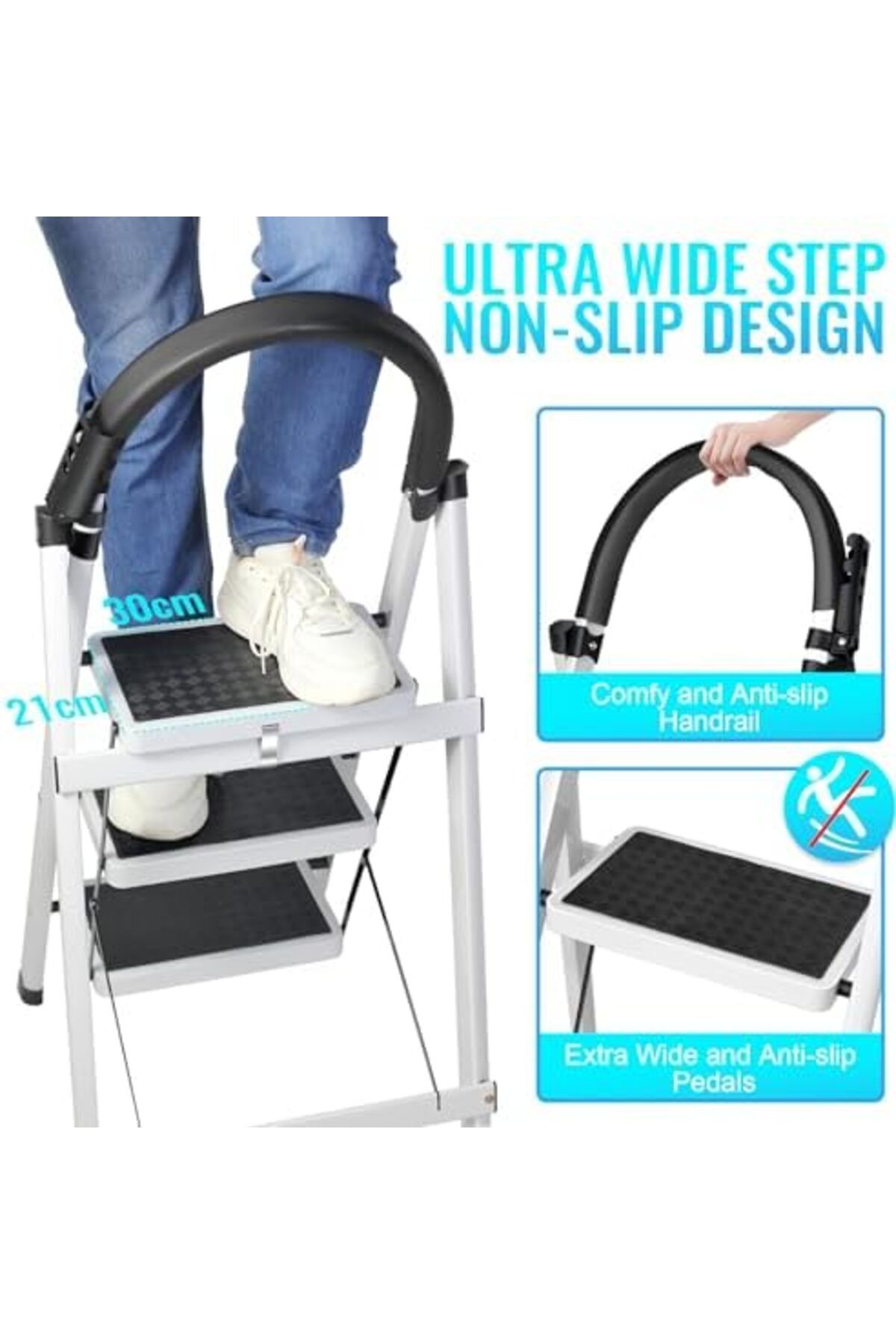 SKY TOUCH-SKY-TOUCH Foldable Ladder 3 Steps, Home Ladder Folding Step Stool with Wide Anti-Slip Pedal 8