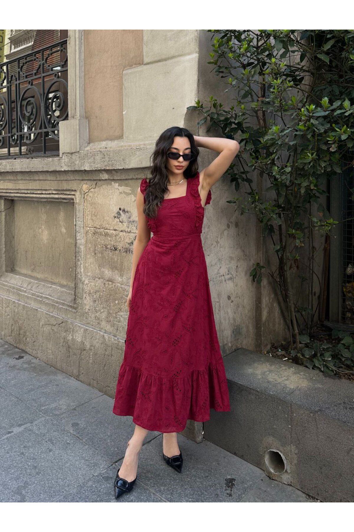 Castivo Fashion Fırfır Askılı Brode Bağlamalı Midi Elbise