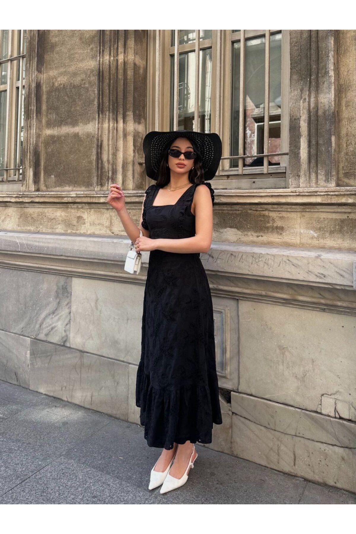 Castivo Fashion Fırfır Askılı Brode Bağlamalı Midi Elbise
